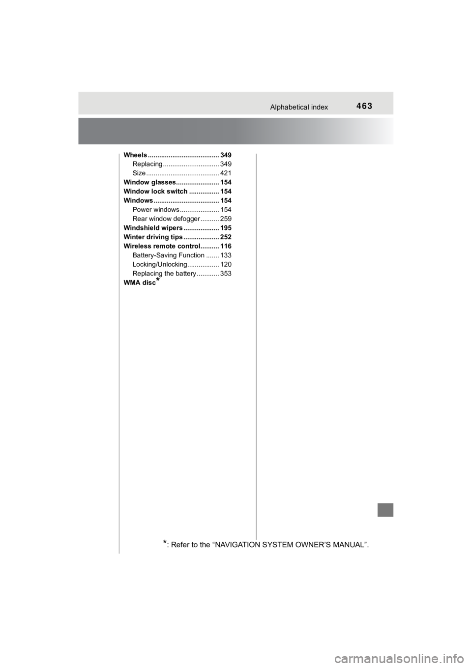 TOYOTA MIRAI 2018  Owners Manual (in English) 463Alphabetical index
MIRAI_OM_USA_OM62025U
Wheels ...................................... 349Replacing .............................. 349
Size ....................................... 421
Window glasse