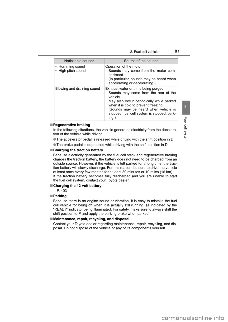 TOYOTA MIRAI 2018   (in English) Manual Online 812. Fuel cell vehicle
2
Fuel cell system
MIRAI_OM_USA_OM62025U■
Regenerative braking
In the following situations, the vehicle generates electricity  from the decelera-
tion of the vehicle while dri