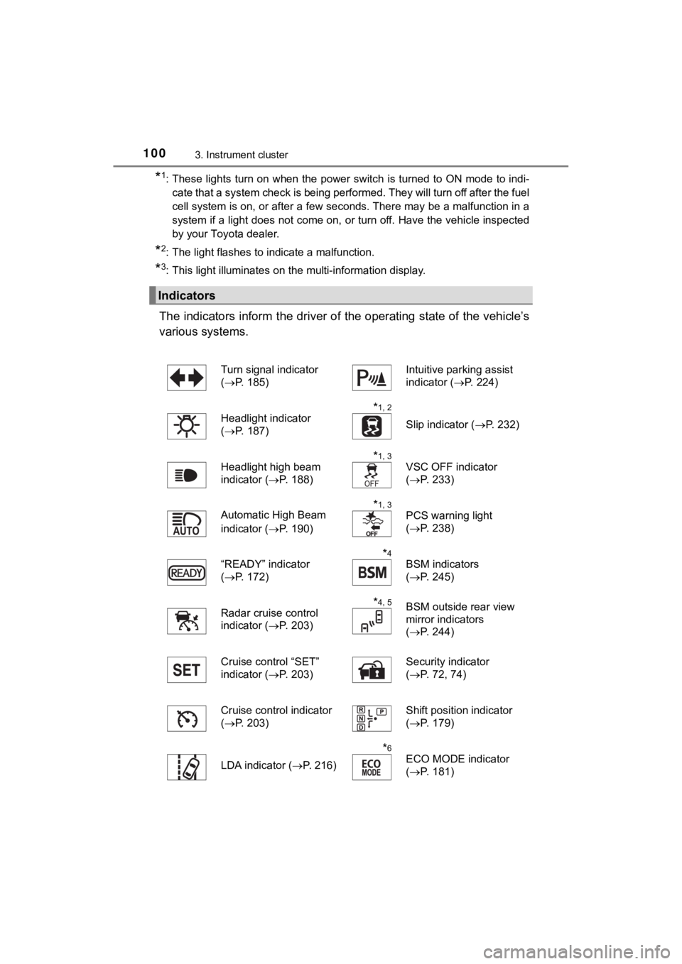 TOYOTA MIRAI 2018  Owners Manual (in English) 1003. Instrument cluster
MIRAI_OM_USA_OM62025U
*1: These lights turn on when the power switch is turned to ON mode to indi-
cate that a system check is being performed. They will turn off  after the f