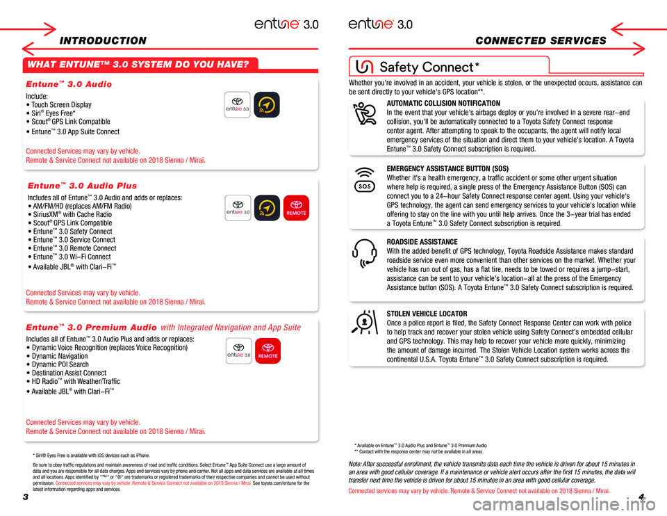 TOYOTA MIRAI 2018  Accessories, Audio & Navigation (in English)  
34
INTRODUCTIONCONNECTED SERVICES 
WHAT ENTUNE™ 3.0 SYSTEM DO YOU HAVE?
Include:• Touch Screen Display• Siri® Eyes Free*• Scout® GPS Link Compatible
• Entune™ 3.0 App Suite Connect
Con