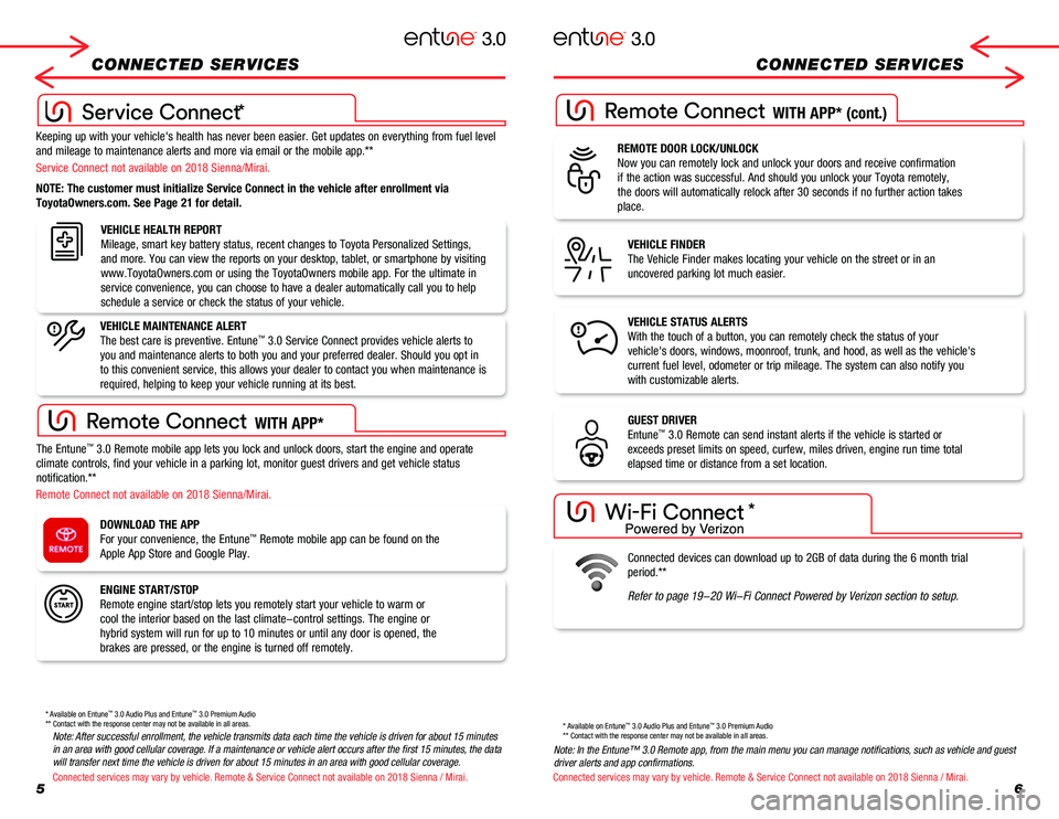 TOYOTA MIRAI 2018 Accessories, Audio & Navigation (in English) 56
CONNECTED SERVICES CONNECTED SERVICES
Keeping up with your vehicle's health has never been easier. Get updates\
on everything from fuel level
and mileage to maintenance alerts and more via e TOYOTA MIRAI 2018 Accessories, Audio & Navigation (in English) 56
CONNECTED SERVICES CONNECTED SERVICES
Keeping up with your vehicle's health has never been easier. Get updates\
on everything from fuel level
and mileage to maintenance alerts and more via e