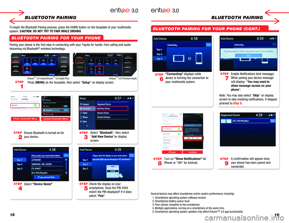 TOYOTA MIRAI 2018  Accessories, Audio & Navigation (in English) 1516
BLUETOOTH PAIRINGBLUETOOTH PAIRING
Pairing your phone is the first step in connecting with your Toyota for \
hands-free calling and audio 
streaming via Bluetooth® wireless technology. 
To begin