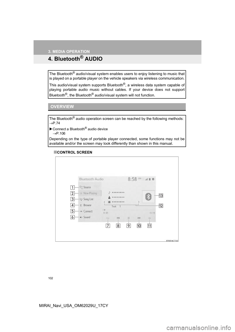 TOYOTA MIRAI 2018 Accessories, Audio & Navigation (in English) 102
3. MEDIA OPERATION
MIRAI_Navi_USA_OM62029U_17CY
4. Bluetooth® AUDIO
■CONTROL SCREEN
The Bluetooth
® audio/visual system enables users to enjoy listening to music
that
is played on a portable TOYOTA MIRAI 2018 Accessories, Audio & Navigation (in English) 102
3. MEDIA OPERATION
MIRAI_Navi_USA_OM62029U_17CY
4. Bluetooth® AUDIO
■CONTROL SCREEN
The Bluetooth
® audio/visual system enables users to enjoy listening to music
that
is played on a portable