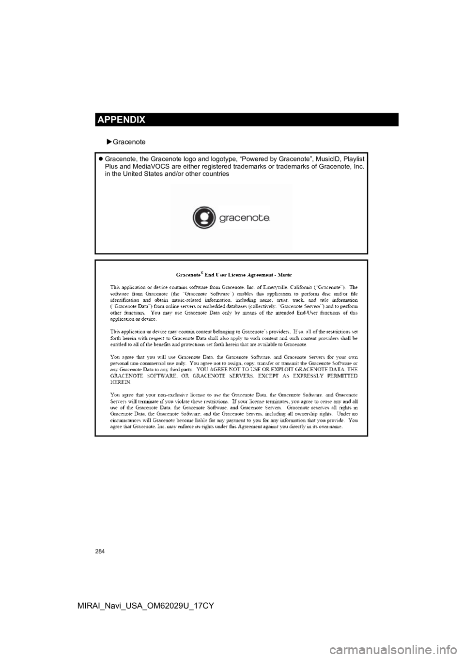 TOYOTA MIRAI 2018 Accessories, Audio & Navigation (in English) 284
APPENDIX
MIRAI_Navi_USA_OM62029U_17CY
Gracenote
Gracenote, the Gracenote logo and logotype, “Powered by Graceno te”, MusicID, Playlist
Plus and MediaVOCS are either registered trademark TOYOTA MIRAI 2018 Accessories, Audio & Navigation (in English) 284
APPENDIX
MIRAI_Navi_USA_OM62029U_17CY
Gracenote
Gracenote, the Gracenote logo and logotype, “Powered by Graceno te”, MusicID, Playlist
Plus and MediaVOCS are either registered trademark