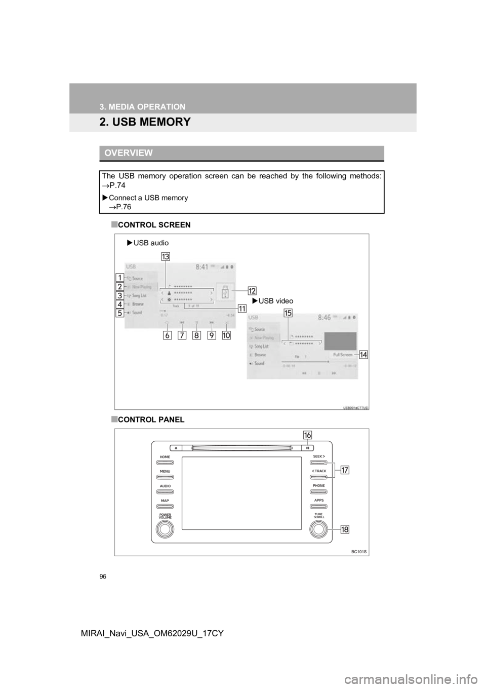 TOYOTA MIRAI 2018 Accessories, Audio & Navigation (in English) 96
3. MEDIA OPERATION
MIRAI_Navi_USA_OM62029U_17CY
2. USB MEMORY
■CONTROL SCREEN
■CONTROL PANEL
OVERVIEW
The USB memory operation screen can be reached by the following methods:
P.74 TOYOTA MIRAI 2018 Accessories, Audio & Navigation (in English) 96
3. MEDIA OPERATION
MIRAI_Navi_USA_OM62029U_17CY
2. USB MEMORY
■CONTROL SCREEN
■CONTROL PANEL
OVERVIEW
The USB memory operation screen can be reached by the following methods:
P.74