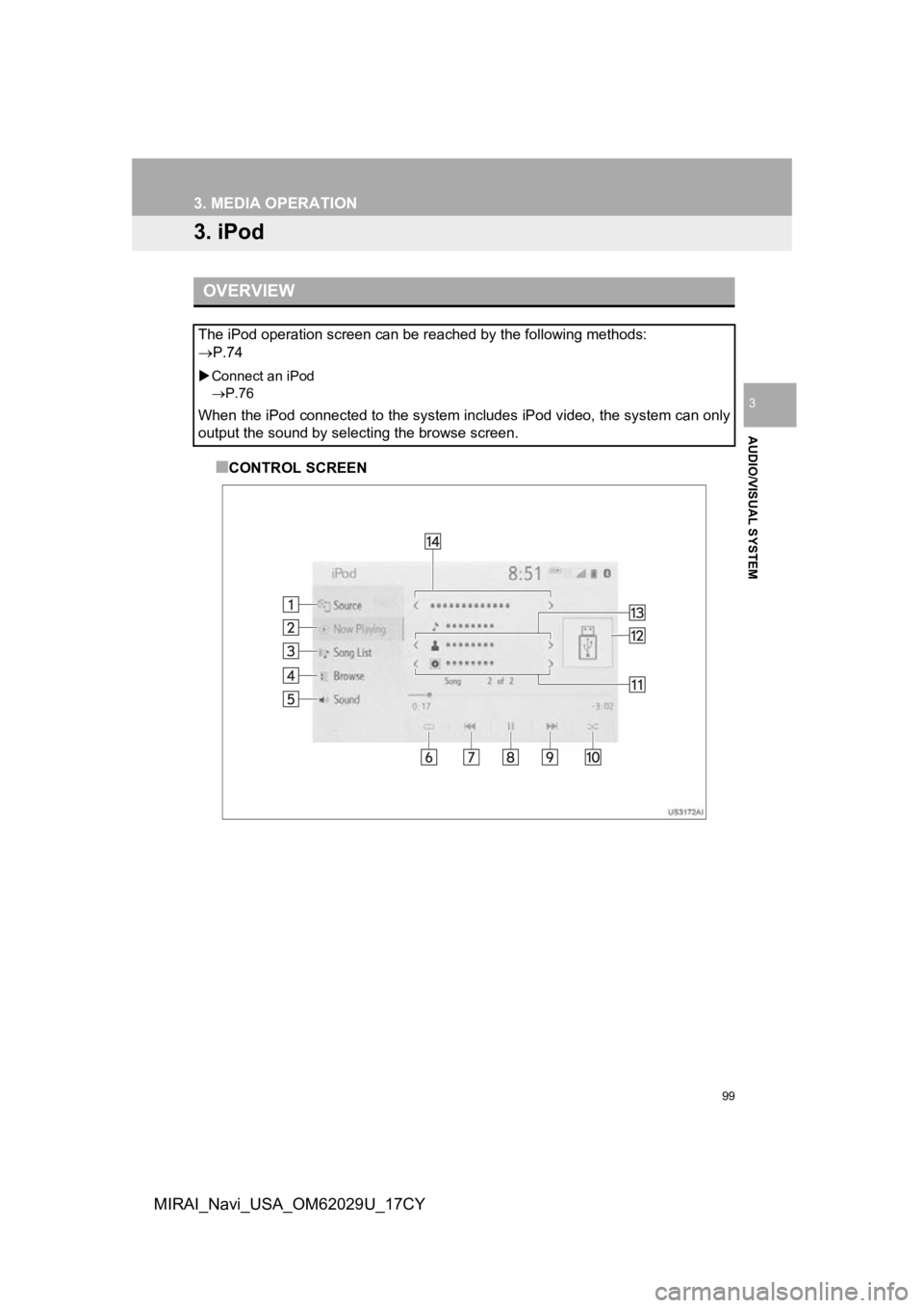 TOYOTA MIRAI 2018 Accessories, Audio & Navigation (in English) 99
3. MEDIA OPERATION
AUDIO/VISUAL SYSTEM
3
MIRAI_Navi_USA_OM62029U_17CY
3. iPod
■CONTROL SCREEN
OVERVIEW
The iPod operation screen can be reached by the following methods:
P.74
Connect an i TOYOTA MIRAI 2018 Accessories, Audio & Navigation (in English) 99
3. MEDIA OPERATION
AUDIO/VISUAL SYSTEM
3
MIRAI_Navi_USA_OM62029U_17CY
3. iPod
■CONTROL SCREEN
OVERVIEW
The iPod operation screen can be reached by the following methods:
P.74
Connect an i