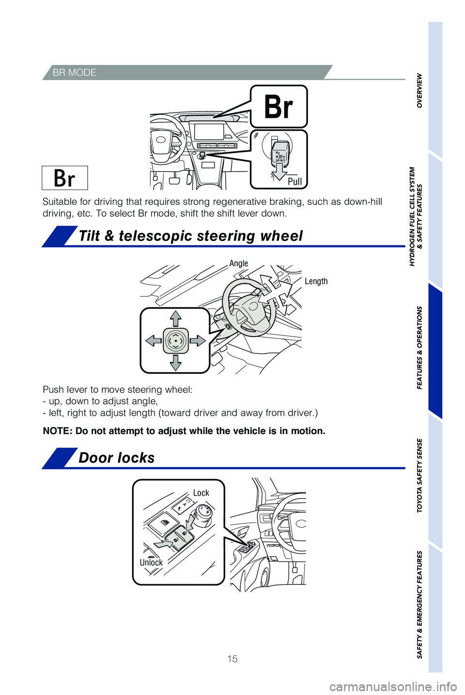 TOYOTA MIRAI 2019  Owners Manual (in English) 15
Push lever to move steering wheel:
� �V�Q�
 �E�P�X�O �U�P �B�E�K�V�T�U �B�O�H�M�F�
 
� �M�F�G�U�
 �S�J�H�I�U �U�P �B�E�K�V�T�U �M�F�O�H�U�I �	�U�P�X�B�S�E �E�S�J�W�F�S �B�O�E �B�X�B�Z �G�S�P�N �E