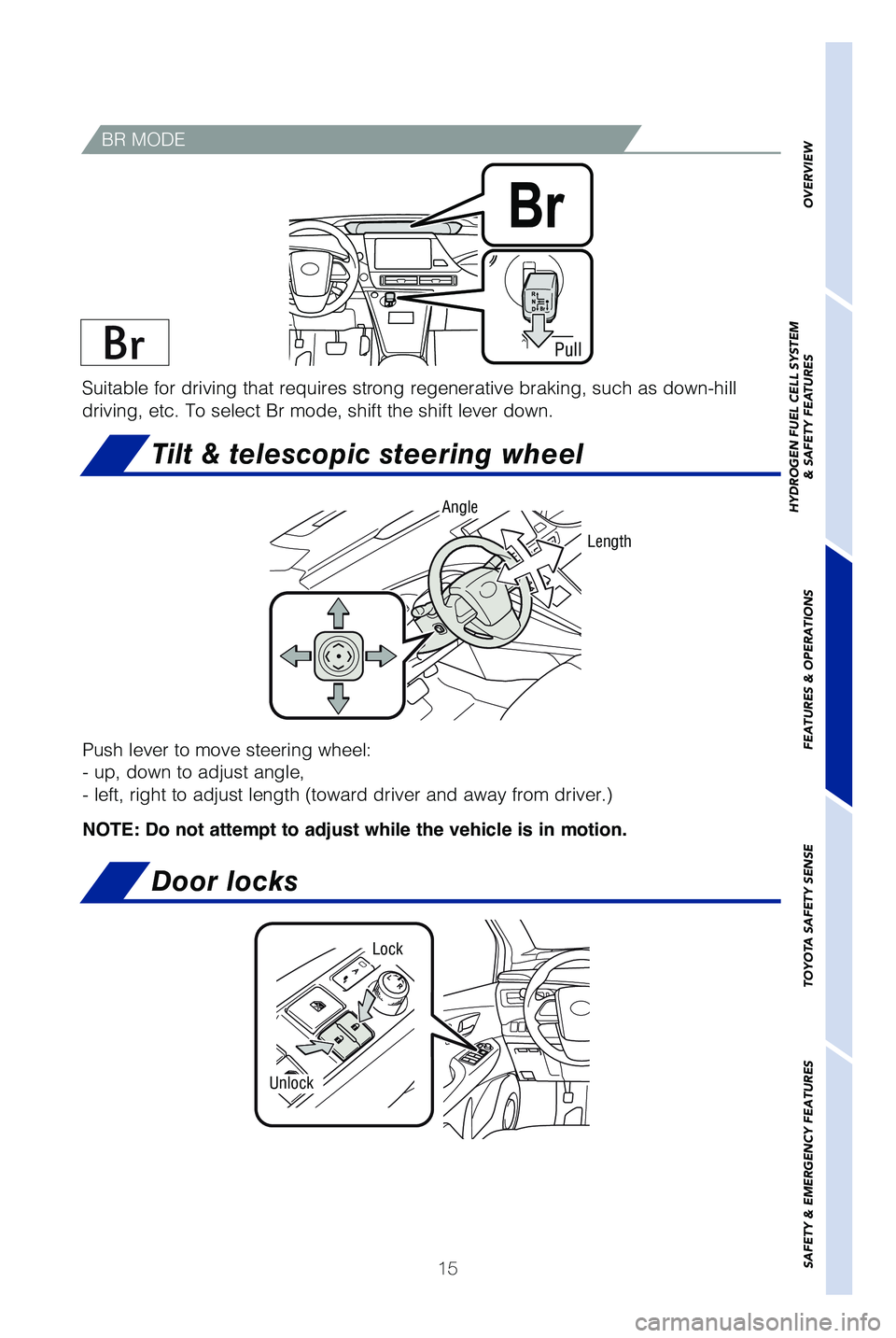 TOYOTA MIRAI 2019   (in English) User Guide 15
Push lever to move steering wheel:
� �V�Q�
 �E�P�X�O �U�P �B�E�K�V�T�U �B�O�H�M�F�
 
� �M�F�G�U�
 �S�J�H�I�U �U�P �B�E�K�V�T�U �M�F�O�H�U�I �	�U�P�X�B�S�E �E�S�J�W�F�S �B�O�E �B�X�B�Z �G�S�P�N �E