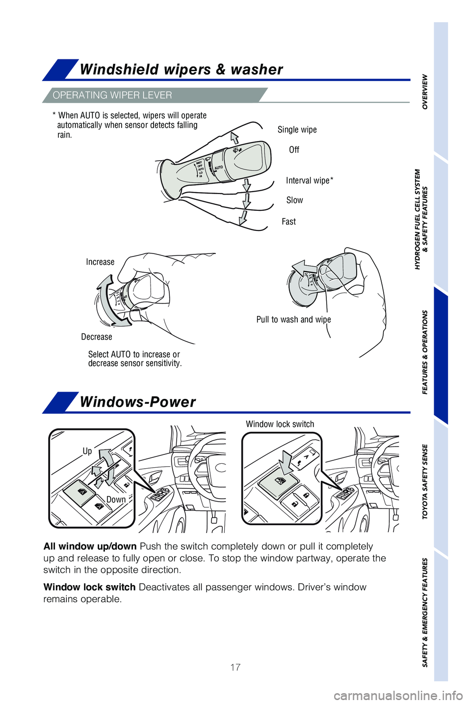TOYOTA MIRAI 2019   (in English) User Guide 17
OVERVIEW
HYDROGEN FUEL CELL SYSTEM
& SAFETY FEATURES
FEATURES & OPERATIONS
TOYOTA SAFETY SENSE
SAFETY & EMERGENCY FEATURES
OPERATING WIPER LEVER
Pull to wash and wipe
Select AUTO to increase or
dec