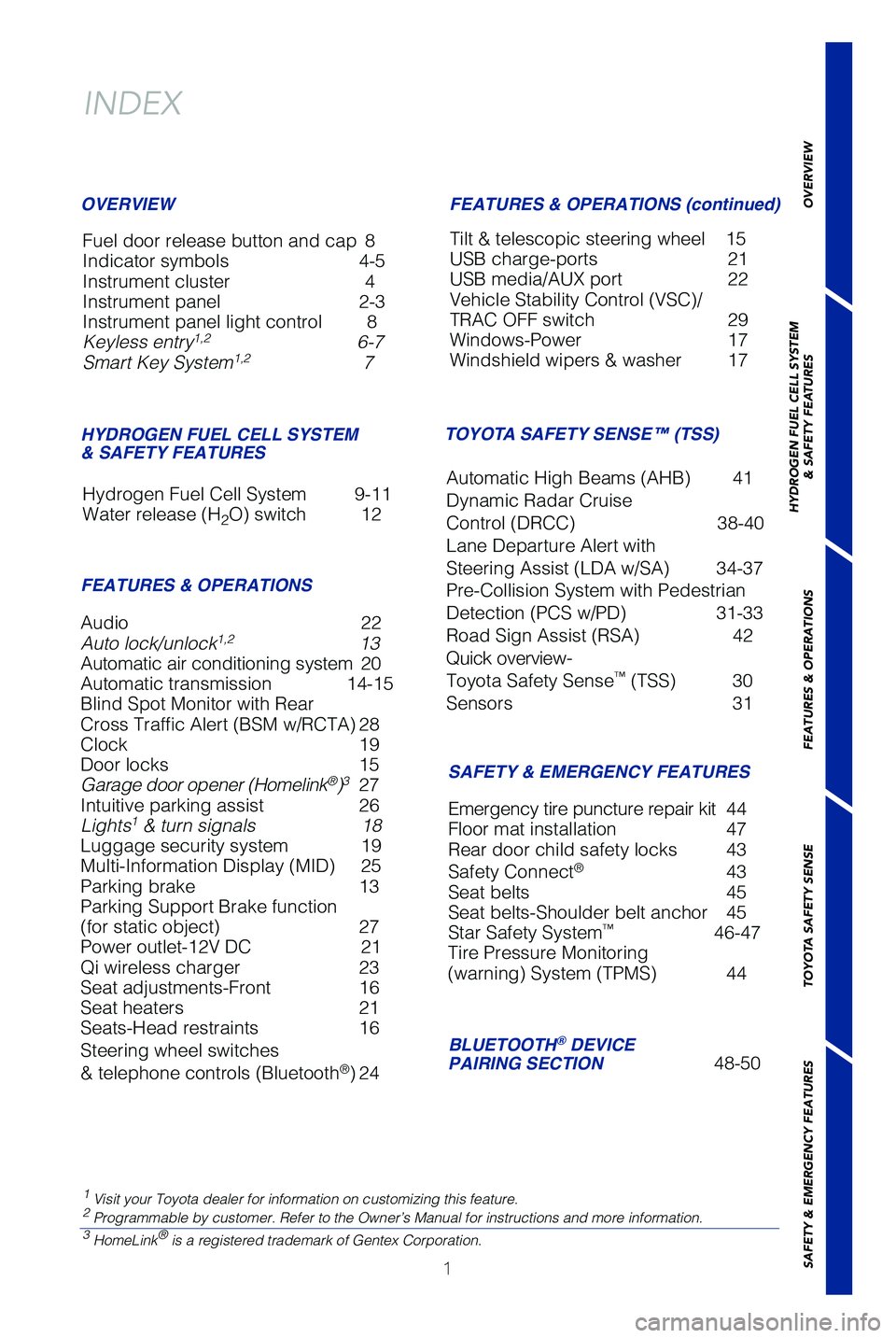 TOYOTA MIRAI 2019  Owners Manual (in English) 1
OVERVIEW
HYDROGEN FUEL CELL SYSTEM
& SAFETY FEATURES
FEATURES & OPERATIONS
TOYOTA SAFETY SENSE
SAFETY & EMERGENCY FEATURES
Audio  22
Auto lock/unlock1,2  13
Automatic air conditioning system   20
Au