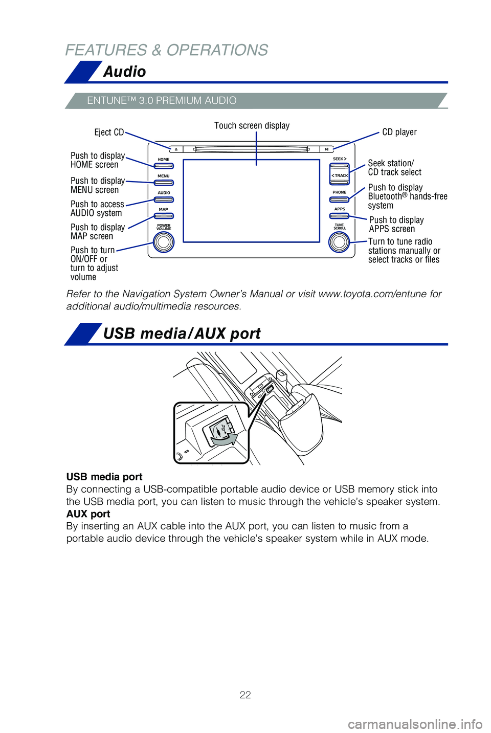 TOYOTA MIRAI 2019   (in English) Owners Manual 22
FEATURES & OPERATIONSAudio
USB media/AUX port
ENTUNE™ 3.0 PREMIUM AUDIO
Eject CD CD playerTouch screen display
Refer to the Navigation System Owner’s Manual or visit www.toyota.com\
/entune for