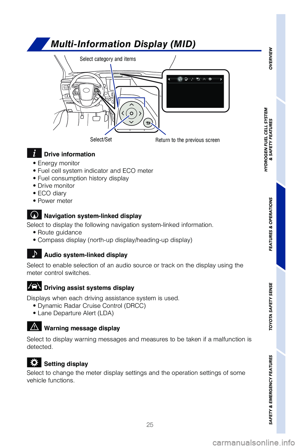 TOYOTA MIRAI 2019   (in English) Owners Manual 25
Multi-Information Display (MID)
Select category and items
Select/SetReturn to the previous screen
 Drive information
• Energy monitor
�t ��V�F�M �D�F�M�M �T�Z�T�U�F�N �J�O�E�J�D�B�U�P�S �B�O�E �