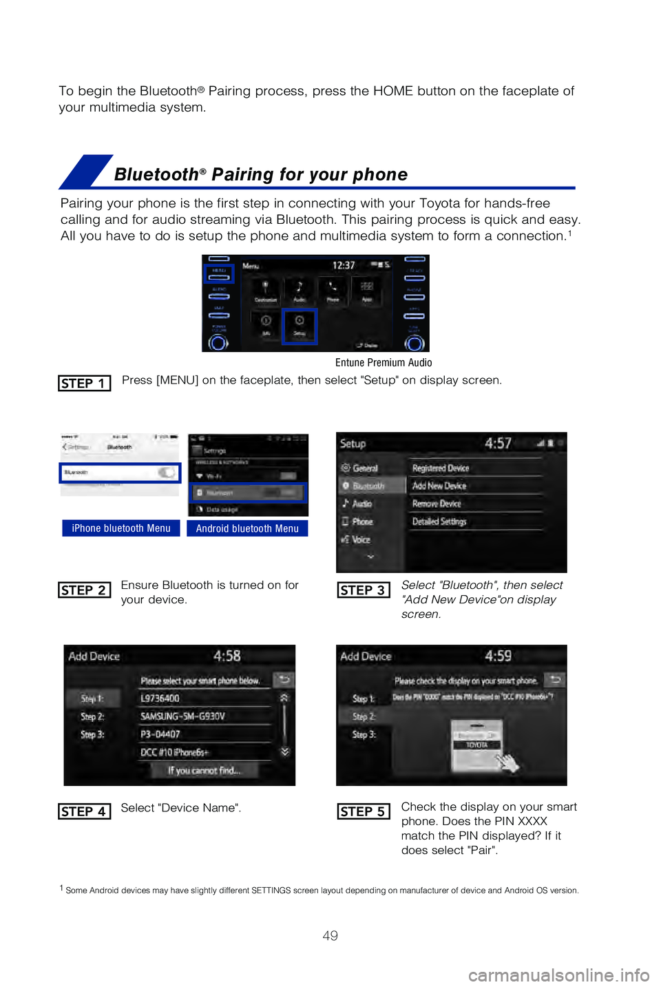 TOYOTA MIRAI 2019   (in English) Workshop Manual 49
To begin the Bluetooth® Pairing process, press the HOME button on the faceplate of 
your multimedia system.
Bluetooth® Pairing for your phone
Pairing your phone is the first step in connecting wi