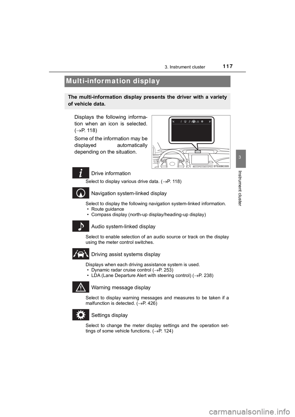 TOYOTA MIRAI 2019  Owners Manual (in English) 1173. Instrument cluster
3
Instrument cluster
MIRAI_OM_USA_OM62054U(18MY)_O
M62048U(19MY)
Multi-infor mation display
Displays  the  following  informa-
tion  when  an  icon  is  selected.
( P. 118)