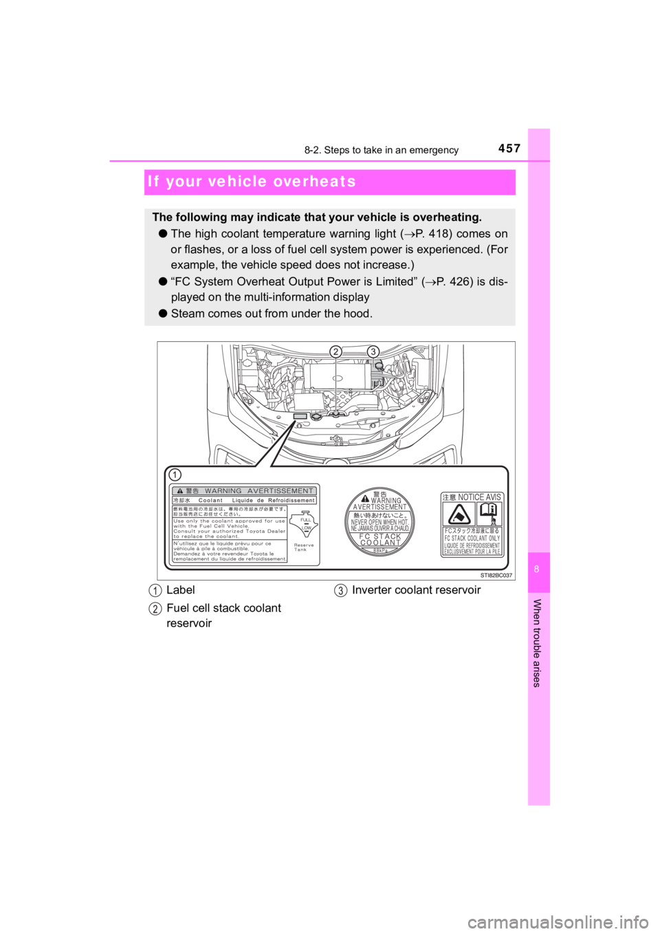 TOYOTA MIRAI 2019 Owners Manual (in English) 4578-2. Steps to take in an emergency
MIRAI_OM_USA_OM62054U(18MY)_O
M62048U(19MY)
8
When trouble arises
If your vehicle overheats
The following may indicate that your vehicle is overheating.
● The TOYOTA MIRAI 2019 Owners Manual (in English) 4578-2. Steps to take in an emergency
MIRAI_OM_USA_OM62054U(18MY)_O
M62048U(19MY)
8
When trouble arises
If your vehicle overheats
The following may indicate that your vehicle is overheating.
● The