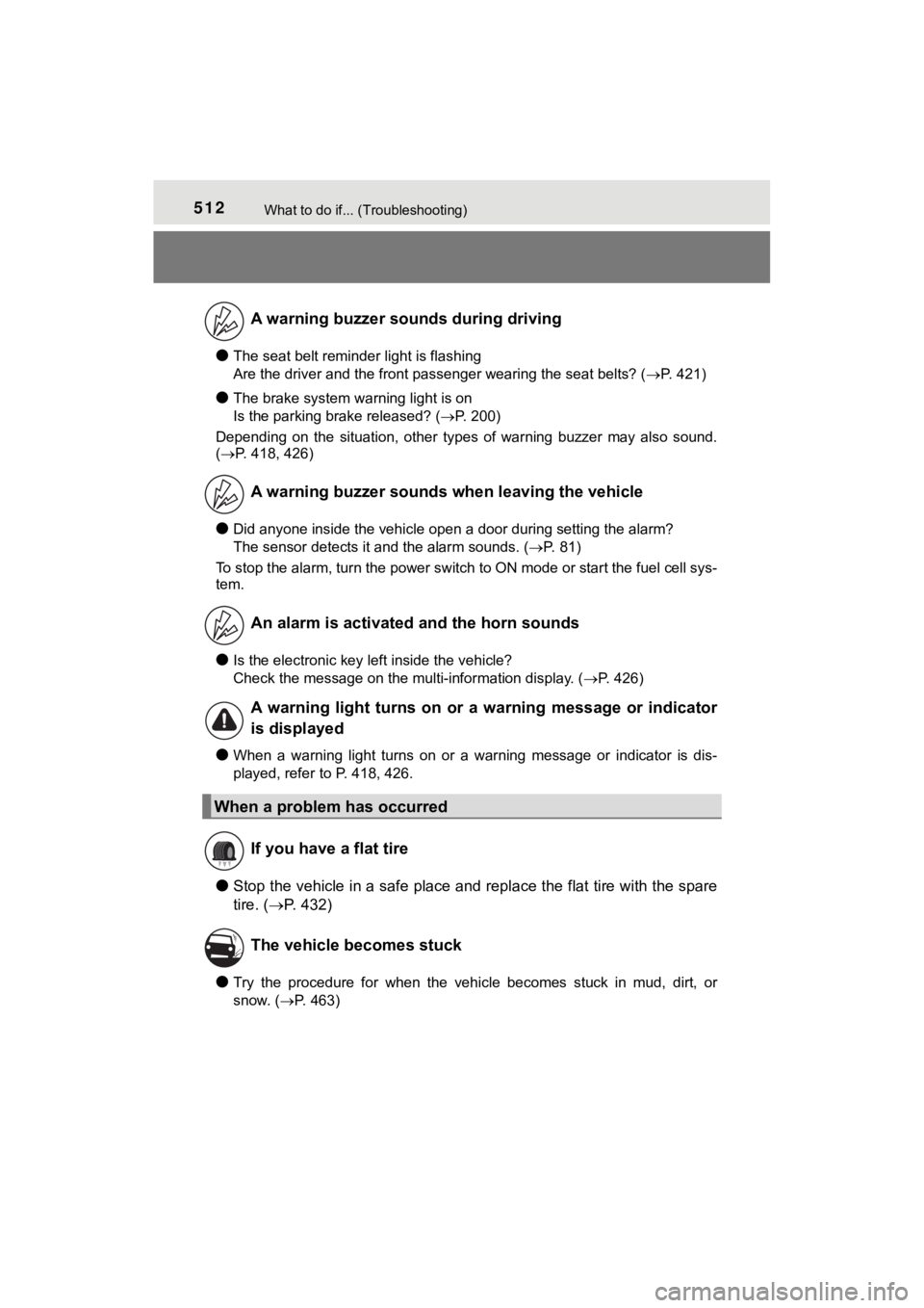 TOYOTA MIRAI 2019 Owners Manual (in English) 512What to do if... (Troubleshooting)
MIRAI_OM_USA_OM62054U(18MY)_O
M62048U(19MY)
●The seat belt reminder light is flashing
Are the driver and the front passenger wearing the seat belts? (P. 421 TOYOTA MIRAI 2019 Owners Manual (in English) 512What to do if... (Troubleshooting)
MIRAI_OM_USA_OM62054U(18MY)_O
M62048U(19MY)
●The seat belt reminder light is flashing
Are the driver and the front passenger wearing the seat belts? (P. 421