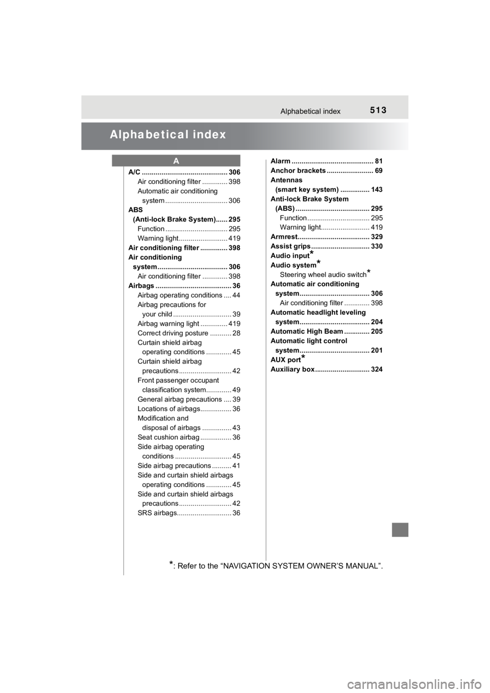 TOYOTA MIRAI 2019  Owners Manual (in English) 513Alphabetical index
MIRAI_OM_USA_OM62054U(18MY)_O
M62048U(19MY)
Alphabetical index
A/C ............................................ 306Air conditioning filter ............. 398
Automatic air conditi