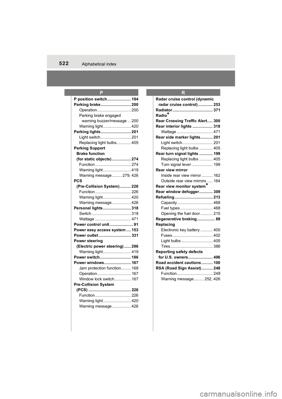 TOYOTA MIRAI 2019 Owners Manual (in English) 522Alphabetical index
MIRAI_OM_USA_OM62054U(18MY)_O
M62048U(19MY)
P position switch ..................... 194
Parking brake ........................... 200Operation .............................. 200
TOYOTA MIRAI 2019 Owners Manual (in English) 522Alphabetical index
MIRAI_OM_USA_OM62054U(18MY)_O
M62048U(19MY)
P position switch ..................... 194
Parking brake ........................... 200Operation .............................. 200