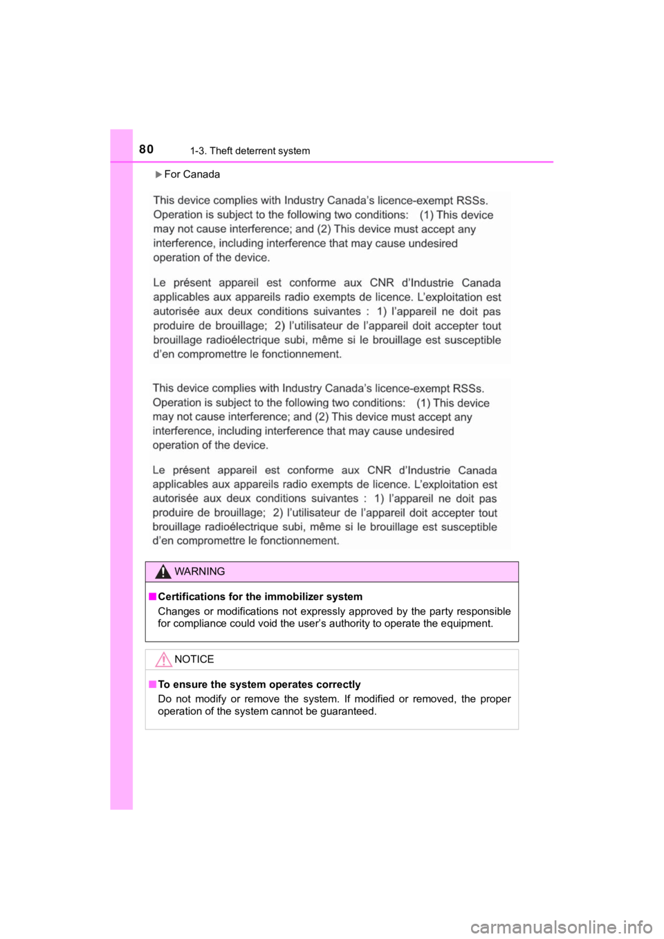 TOYOTA MIRAI 2019 (in English) Manual PDF 801-3. Theft deterrent system
MIRAI_OM_USA_OM62054U(18MY)_O
M62048U(19MY)
For Canada
WARNING
■Certifications for the immobilizer system
Changes or modifications not expressly approved by t TOYOTA MIRAI 2019 (in English) Manual PDF 801-3. Theft deterrent system
MIRAI_OM_USA_OM62054U(18MY)_O
M62048U(19MY)
For Canada
WARNING
■Certifications for the immobilizer system
Changes or modifications not expressly approved by t