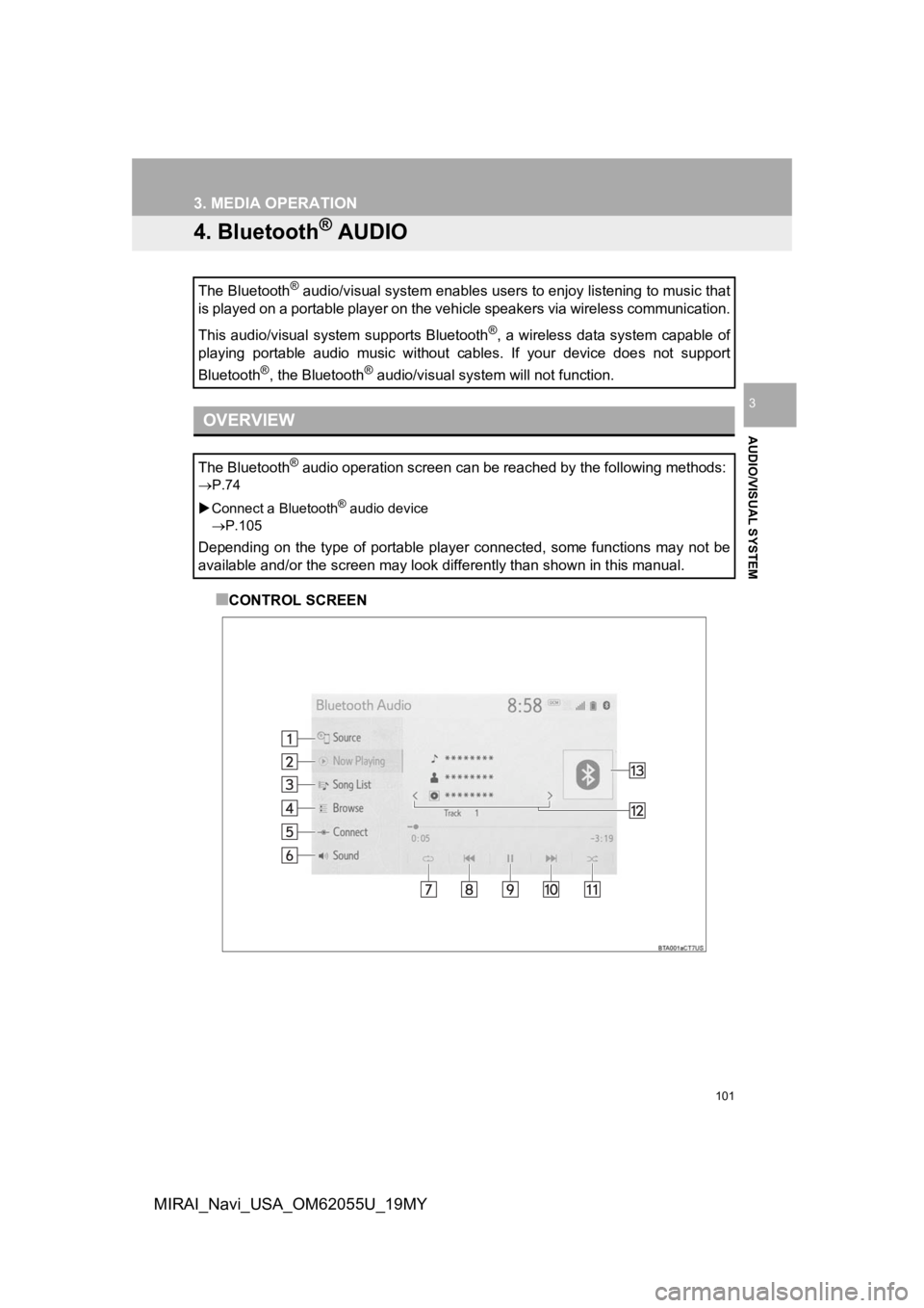 TOYOTA MIRAI 2019 Accessories, Audio & Navigation (in English) 101
3. MEDIA OPERATION
AUDIO/VISUAL SYSTEM
3
MIRAI_Navi_USA_OM62055U_19MY
4. Bluetooth® AUDIO
■CONTROL SCREEN
The Bluetooth
® audio/visual system enables users to enjoy listening to music
that
is TOYOTA MIRAI 2019 Accessories, Audio & Navigation (in English) 101
3. MEDIA OPERATION
AUDIO/VISUAL SYSTEM
3
MIRAI_Navi_USA_OM62055U_19MY
4. Bluetooth® AUDIO
■CONTROL SCREEN
The Bluetooth
® audio/visual system enables users to enjoy listening to music
that
is