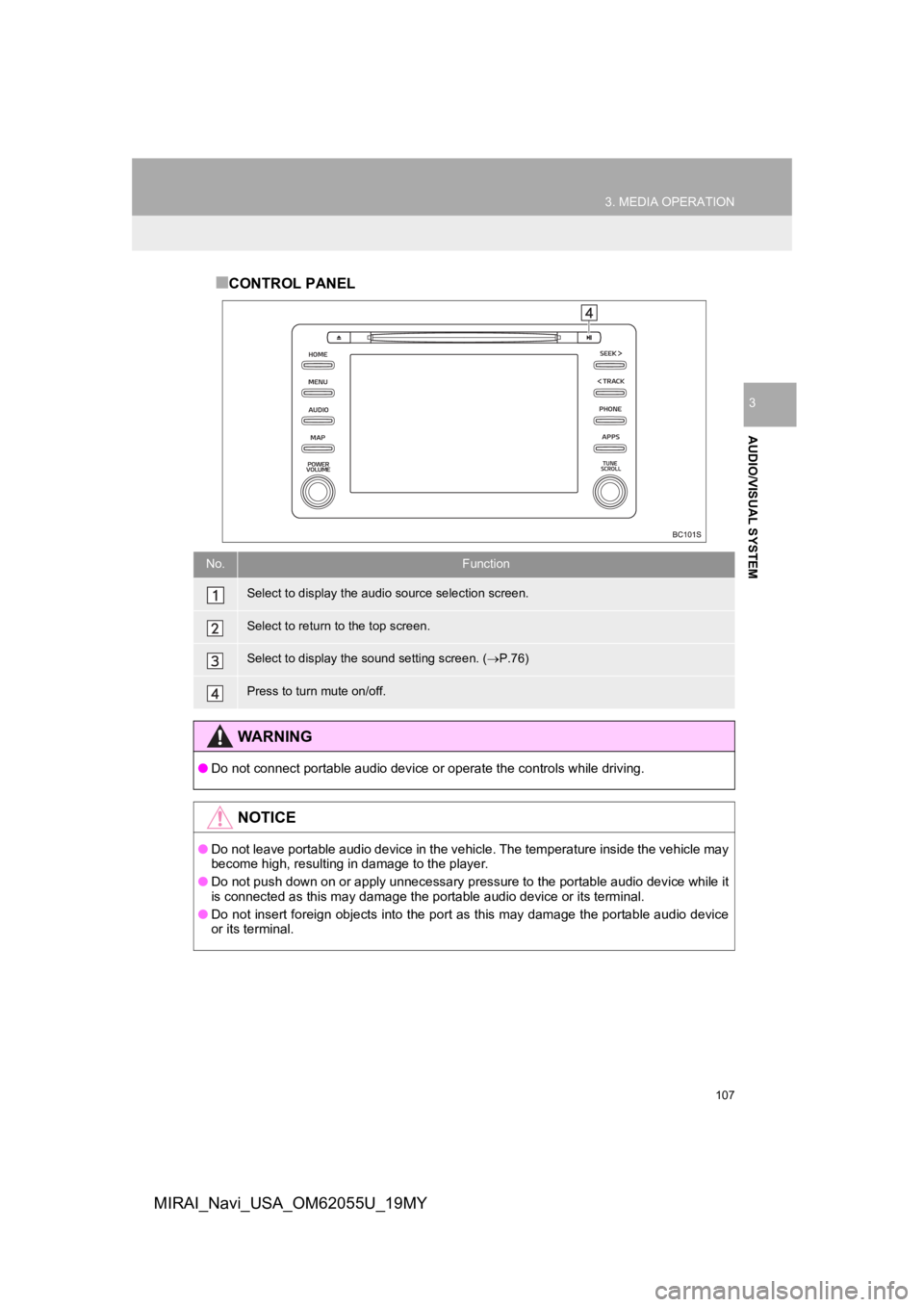 TOYOTA MIRAI 2019 Accessories, Audio & Navigation (in English) 107
3. MEDIA OPERATION
AUDIO/VISUAL SYSTEM
3
MIRAI_Navi_USA_OM62055U_19MY
■CONTROL PANEL
No.Function
Select to display the audio source selection screen.
Select to return to the top screen.
Select t TOYOTA MIRAI 2019 Accessories, Audio & Navigation (in English) 107
3. MEDIA OPERATION
AUDIO/VISUAL SYSTEM
3
MIRAI_Navi_USA_OM62055U_19MY
■CONTROL PANEL
No.Function
Select to display the audio source selection screen.
Select to return to the top screen.
Select t