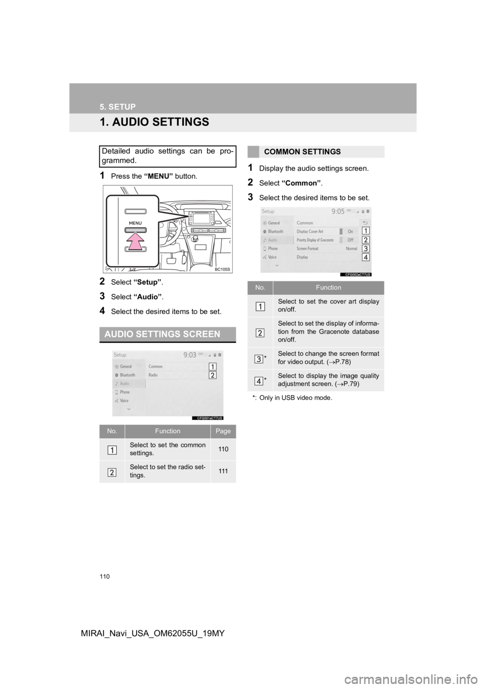 TOYOTA MIRAI 2019 Accessories, Audio & Navigation (in English) 110
MIRAI_Navi_USA_OM62055U_19MY
5. SETUP
1. AUDIO SETTINGS
1Press the “MENU” button.
2Select “Setup” .
3Select “Audio” .
4Select the desired items to be set.
1Display the audio settings s TOYOTA MIRAI 2019 Accessories, Audio & Navigation (in English) 110
MIRAI_Navi_USA_OM62055U_19MY
5. SETUP
1. AUDIO SETTINGS
1Press the “MENU” button.
2Select “Setup” .
3Select “Audio” .
4Select the desired items to be set.
1Display the audio settings s