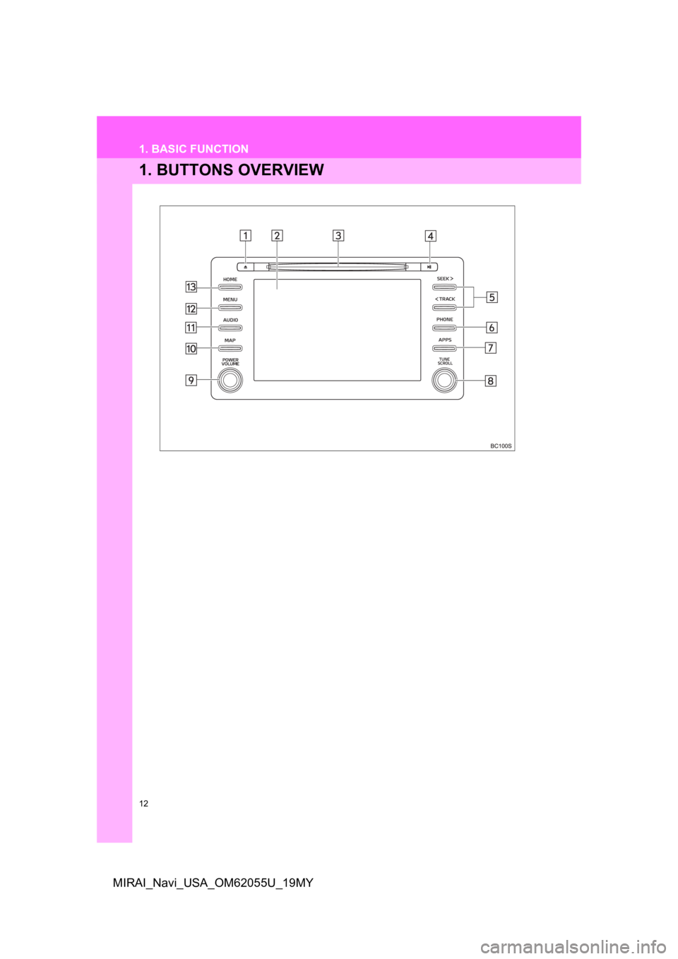 TOYOTA MIRAI 2019  Accessories, Audio & Navigation (in English) 12
MIRAI_Navi_USA_OM62055U_19MY
1. BASIC FUNCTION
1. BUTTONS OVERVIEW 