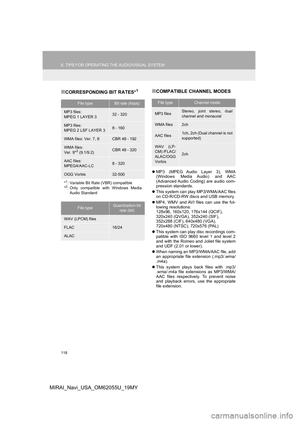 TOYOTA MIRAI 2019 Accessories, Audio & Navigation (in English) 118
6. TIPS FOR OPERATING THE AUDIO/VISUAL SYSTEM
MIRAI_Navi_USA_OM62055U_19MY
■CORRESPONDING BIT RATES*1■COMPATIBLE CHANNEL MODES
MP3 (MPEG Audio Layer 3), WMA
(Windows Media Audio) an TOYOTA MIRAI 2019 Accessories, Audio & Navigation (in English) 118
6. TIPS FOR OPERATING THE AUDIO/VISUAL SYSTEM
MIRAI_Navi_USA_OM62055U_19MY
■CORRESPONDING BIT RATES*1■COMPATIBLE CHANNEL MODES
MP3 (MPEG Audio Layer 3), WMA
(Windows Media Audio) an
