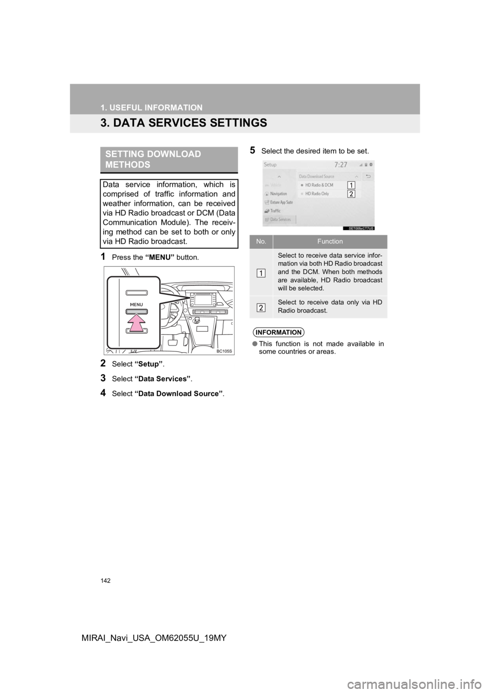 TOYOTA MIRAI 2019 Accessories, Audio & Navigation (in English) 142
1. USEFUL INFORMATION
MIRAI_Navi_USA_OM62055U_19MY
3. DATA SERVICES SETTINGS
1Press the “MENU” button.
2Select “Setup” .
3Select “Data Services” .
4Select “Data Download Source” .
TOYOTA MIRAI 2019 Accessories, Audio & Navigation (in English) 142
1. USEFUL INFORMATION
MIRAI_Navi_USA_OM62055U_19MY
3. DATA SERVICES SETTINGS
1Press the “MENU” button.
2Select “Setup” .
3Select “Data Services” .
4Select “Data Download Source” .