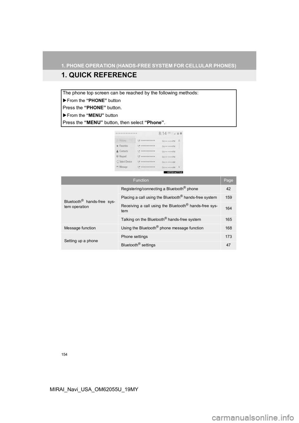 TOYOTA MIRAI 2019 Accessories, Audio & Navigation (in English) 154
MIRAI_Navi_USA_OM62055U_19MY
1. PHONE OPERATION (HANDS-FREE SYSTEM FOR CELLULAR PHONES)
1. QUICK REFERENCE
The phone top screen can be reached by the following methods:
From the “PHONE” bu TOYOTA MIRAI 2019 Accessories, Audio & Navigation (in English) 154
MIRAI_Navi_USA_OM62055U_19MY
1. PHONE OPERATION (HANDS-FREE SYSTEM FOR CELLULAR PHONES)
1. QUICK REFERENCE
The phone top screen can be reached by the following methods:
From the “PHONE” bu