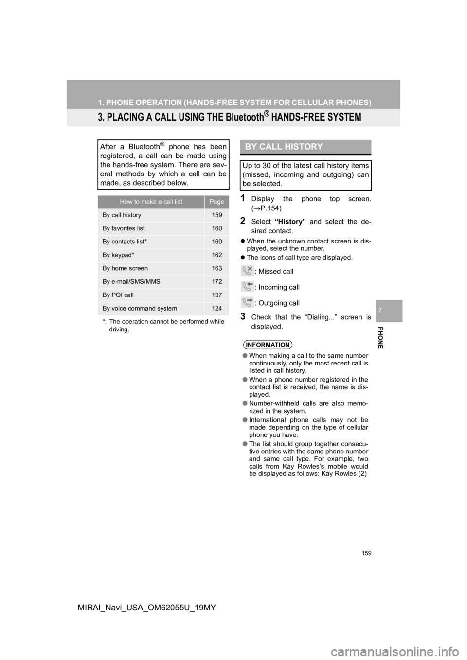 TOYOTA MIRAI 2019 Accessories, Audio & Navigation (in English) 159
1. PHONE OPERATION (HANDS-FREE SYSTEM FOR CELLULAR PHONES)
PHONE
7
MIRAI_Navi_USA_OM62055U_19MY
3. PLACING A CALL USING THE Bluetooth® HANDS-FREE SYSTEM
1Display the phone top screen.
(P.1 TOYOTA MIRAI 2019 Accessories, Audio & Navigation (in English) 159
1. PHONE OPERATION (HANDS-FREE SYSTEM FOR CELLULAR PHONES)
PHONE
7
MIRAI_Navi_USA_OM62055U_19MY
3. PLACING A CALL USING THE Bluetooth® HANDS-FREE SYSTEM
1Display the phone top screen.
(P.1