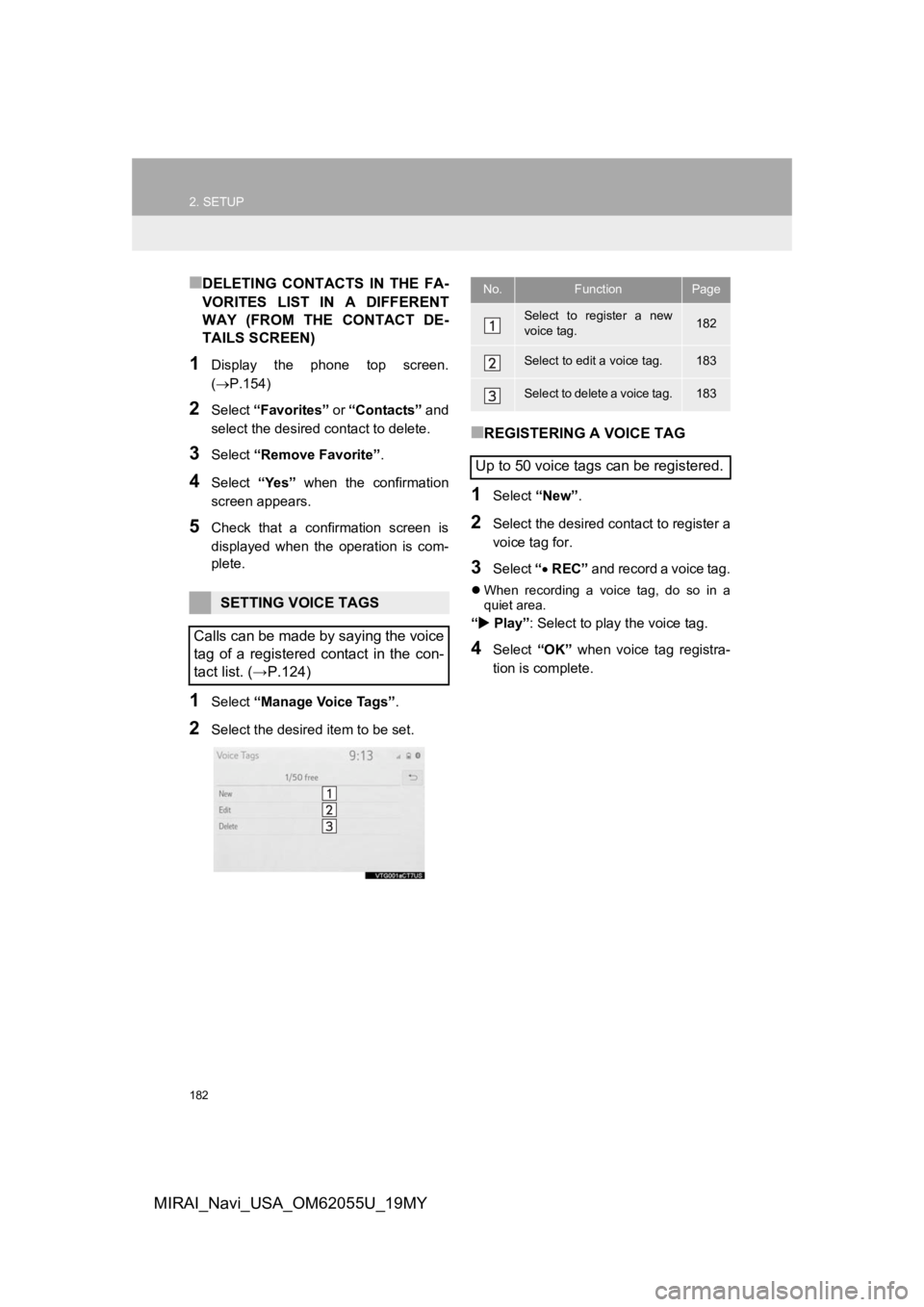 TOYOTA MIRAI 2019 Accessories, Audio & Navigation (in English) 182
2. SETUP
MIRAI_Navi_USA_OM62055U_19MY
■DELETING CONTACTS IN THE FA-
VORITES LIST IN A DIFFERENT
WAY (FROM THE CONTACT DE-
TAILS SCREEN)
1Display the phone top screen.
(P.154)
TOYOTA MIRAI 2019 Accessories, Audio & Navigation (in English) 182
2. SETUP
MIRAI_Navi_USA_OM62055U_19MY
■DELETING CONTACTS IN THE FA-
VORITES LIST IN A DIFFERENT
WAY (FROM THE CONTACT DE-
TAILS SCREEN)
1Display the phone top screen.
(P.154)