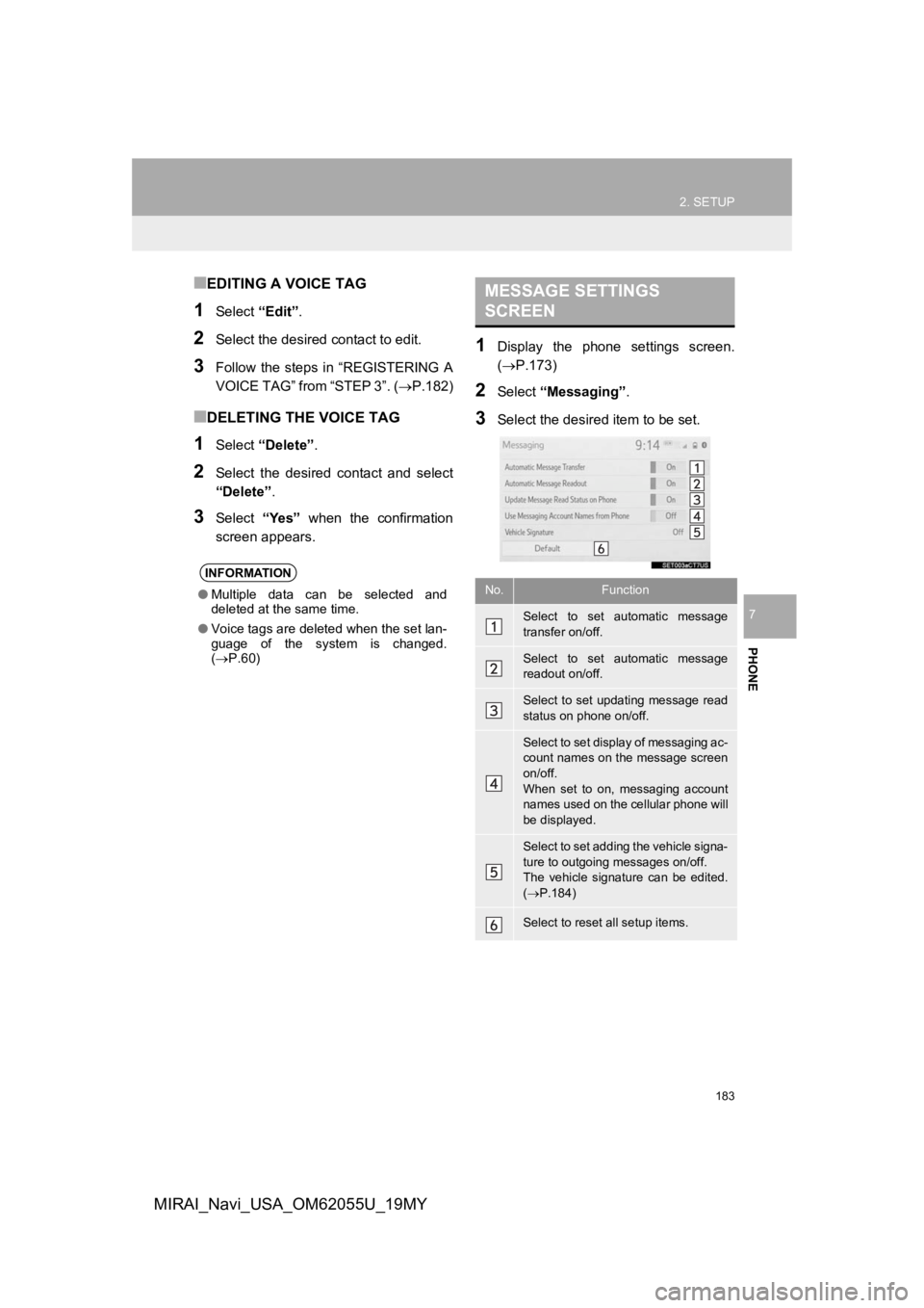 TOYOTA MIRAI 2019 Accessories, Audio & Navigation (in English) 183
2. SETUP
PHONE
7
MIRAI_Navi_USA_OM62055U_19MY
■EDITING A VOICE TAG
1Select “Edit”.
2Select the desired contact to edit.
3Follow the steps in “REGISTERING A
VOICE TAG” from “STEP 3 TOYOTA MIRAI 2019 Accessories, Audio & Navigation (in English) 183
2. SETUP
PHONE
7
MIRAI_Navi_USA_OM62055U_19MY
■EDITING A VOICE TAG
1Select “Edit”.
2Select the desired contact to edit.
3Follow the steps in “REGISTERING A
VOICE TAG” from “STEP 3