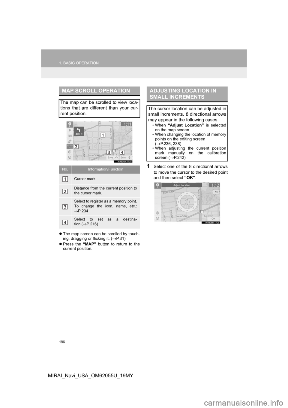 TOYOTA MIRAI 2019  Accessories, Audio & Navigation (in English) 196
1. BASIC OPERATION
MIRAI_Navi_USA_OM62055U_19MY
The map screen can be scrolled by touch-
ing, dragging or flicking it. ( P. 3 1 )
 Press  the  “MAP”  button  to  return  to  the
curre