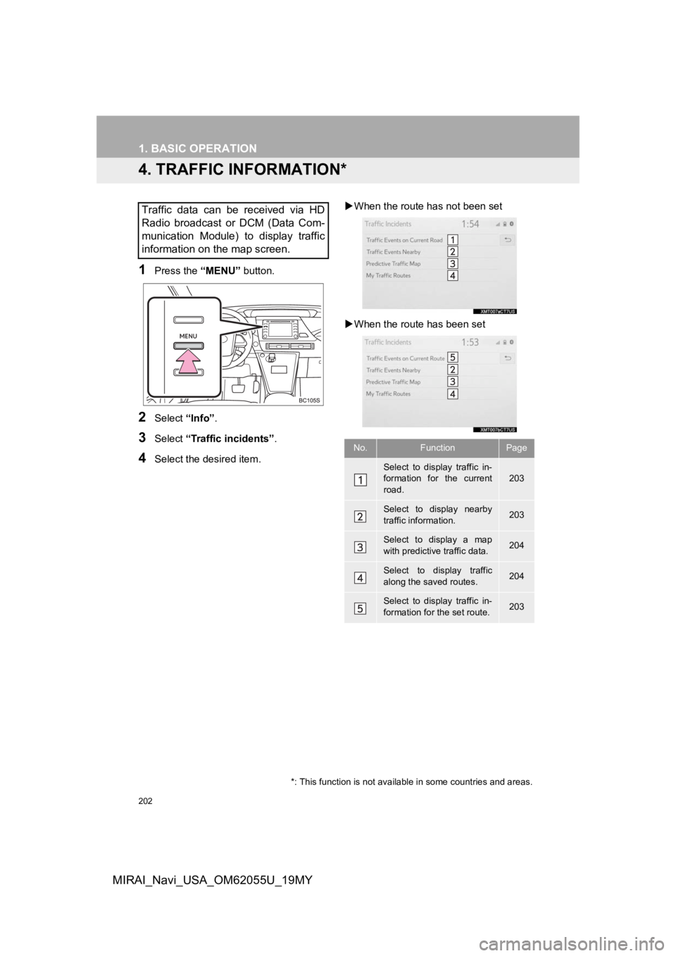 TOYOTA MIRAI 2019 Accessories, Audio & Navigation (in English) 202
1. BASIC OPERATION
MIRAI_Navi_USA_OM62055U_19MY
4. TRAFFIC INFORMATION*
1Press the “MENU” button.
2Select “Info”.
3Select “Traffic incidents” .
4Select the desired item.
When the TOYOTA MIRAI 2019 Accessories, Audio & Navigation (in English) 202
1. BASIC OPERATION
MIRAI_Navi_USA_OM62055U_19MY
4. TRAFFIC INFORMATION*
1Press the “MENU” button.
2Select “Info”.
3Select “Traffic incidents” .
4Select the desired item.
When the