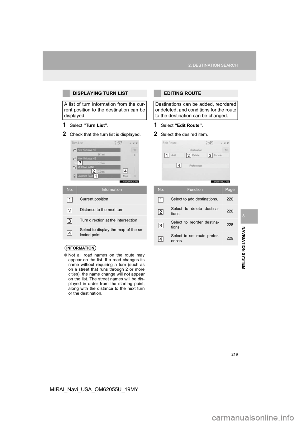TOYOTA MIRAI 2019 Accessories, Audio & Navigation (in English) 219
2. DESTINATION SEARCH
NAVIGATION SYSTEM
8
MIRAI_Navi_USA_OM62055U_19MY
1Select “Turn List” .
2Check that the turn list is displayed.
1Select “Edit Route” .
2Select the desired item.
DISPLA TOYOTA MIRAI 2019 Accessories, Audio & Navigation (in English) 219
2. DESTINATION SEARCH
NAVIGATION SYSTEM
8
MIRAI_Navi_USA_OM62055U_19MY
1Select “Turn List” .
2Check that the turn list is displayed.
1Select “Edit Route” .
2Select the desired item.
DISPLA