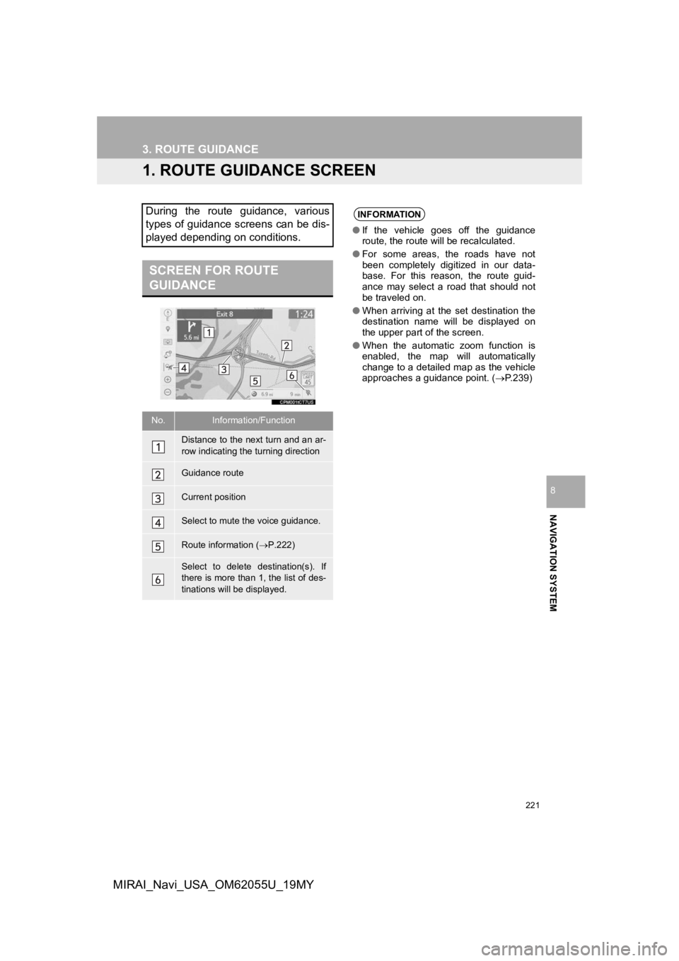 TOYOTA MIRAI 2019 Accessories, Audio & Navigation (in English) 221
NAVIGATION SYSTEM
8
MIRAI_Navi_USA_OM62055U_19MY
3. ROUTE GUIDANCE
1. ROUTE GUIDANCE SCREEN
During the route guidance, various
types of guidance screens can be dis-
played depending on conditi TOYOTA MIRAI 2019 Accessories, Audio & Navigation (in English) 221
NAVIGATION SYSTEM
8
MIRAI_Navi_USA_OM62055U_19MY
3. ROUTE GUIDANCE
1. ROUTE GUIDANCE SCREEN
During the route guidance, various
types of guidance screens can be dis-
played depending on conditi