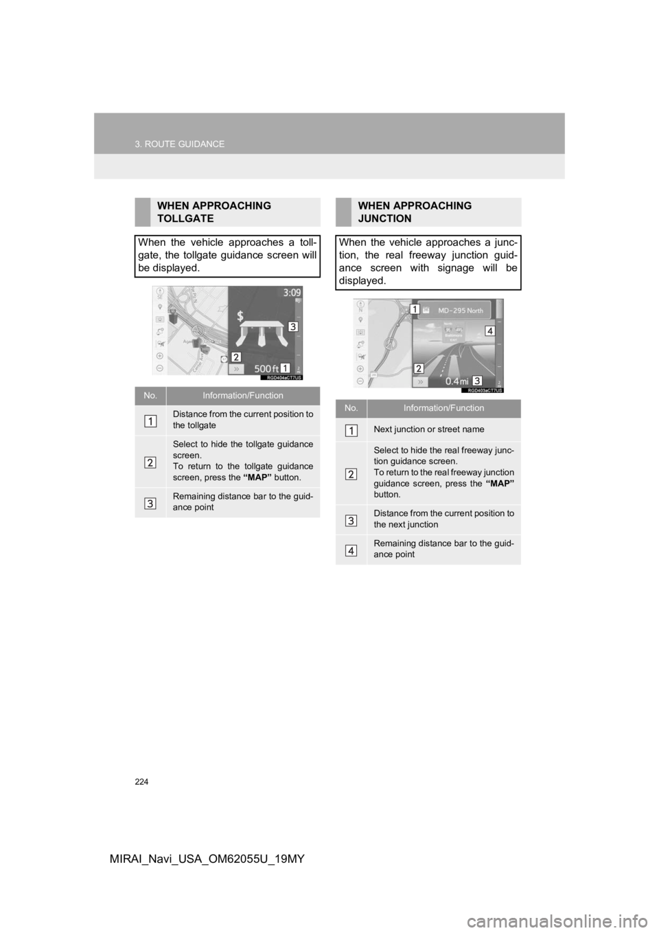 TOYOTA MIRAI 2019 Accessories, Audio & Navigation (in English) 224
3. ROUTE GUIDANCE
MIRAI_Navi_USA_OM62055U_19MY
WHEN APPROACHING
TOLLGATE
When the vehicle approaches a toll-
gate, the tollgate guidance screen will
be displayed.
No.Information/Functio TOYOTA MIRAI 2019 Accessories, Audio & Navigation (in English) 224
3. ROUTE GUIDANCE
MIRAI_Navi_USA_OM62055U_19MY
WHEN APPROACHING
TOLLGATE
When the vehicle approaches a toll-
gate, the tollgate guidance screen will
be displayed.
No.Information/Functio