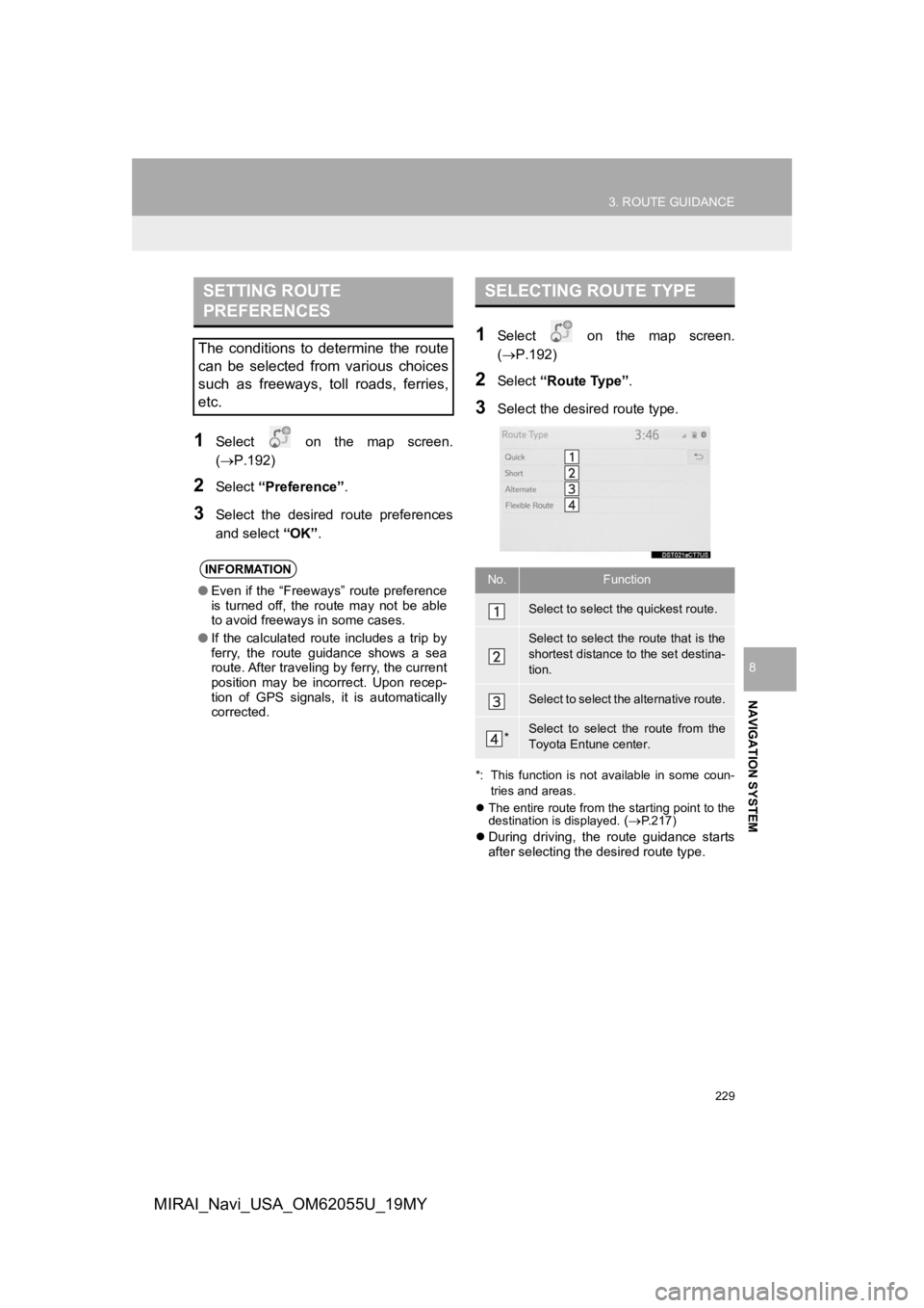 TOYOTA MIRAI 2019 Accessories, Audio & Navigation (in English) 229
3. ROUTE GUIDANCE
NAVIGATION SYSTEM
8
MIRAI_Navi_USA_OM62055U_19MY
1Select on the map screen.
(P.192)
2Select “Preference” .
3Select the desired route preferences
and select “OK TOYOTA MIRAI 2019 Accessories, Audio & Navigation (in English) 229
3. ROUTE GUIDANCE
NAVIGATION SYSTEM
8
MIRAI_Navi_USA_OM62055U_19MY
1Select on the map screen.
(P.192)
2Select “Preference” .
3Select the desired route preferences
and select “OK