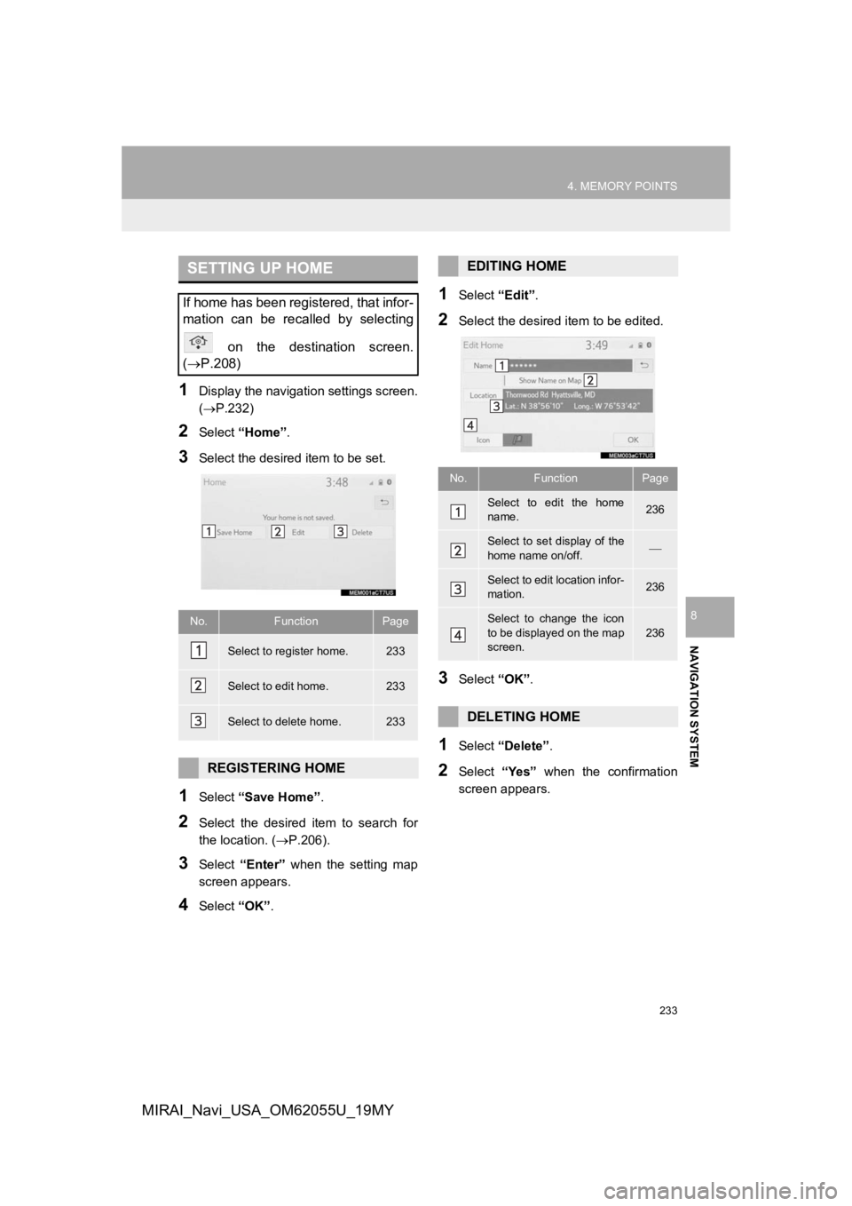 TOYOTA MIRAI 2019 Accessories, Audio & Navigation (in English) 233
4. MEMORY POINTS
NAVIGATION SYSTEM
8
MIRAI_Navi_USA_OM62055U_19MY
1Display the navigation settings screen.
(P.232)
2Select “Home” .
3Select the desired item to be set.
1Select “Save Home TOYOTA MIRAI 2019 Accessories, Audio & Navigation (in English) 233
4. MEMORY POINTS
NAVIGATION SYSTEM
8
MIRAI_Navi_USA_OM62055U_19MY
1Display the navigation settings screen.
(P.232)
2Select “Home” .
3Select the desired item to be set.
1Select “Save Home