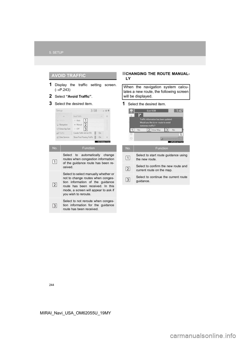 TOYOTA MIRAI 2019 Accessories, Audio & Navigation (in English) 244
5. SETUP
MIRAI_Navi_USA_OM62055U_19MY
1Display the traffic setting screen.
(P.243)
2Select “Avoid Traffic” .
3Select the desired item.
■CHANGING THE ROUTE MANUAL-
LY
1Select the de TOYOTA MIRAI 2019 Accessories, Audio & Navigation (in English) 244
5. SETUP
MIRAI_Navi_USA_OM62055U_19MY
1Display the traffic setting screen.
(P.243)
2Select “Avoid Traffic” .
3Select the desired item.
■CHANGING THE ROUTE MANUAL-
LY
1Select the de