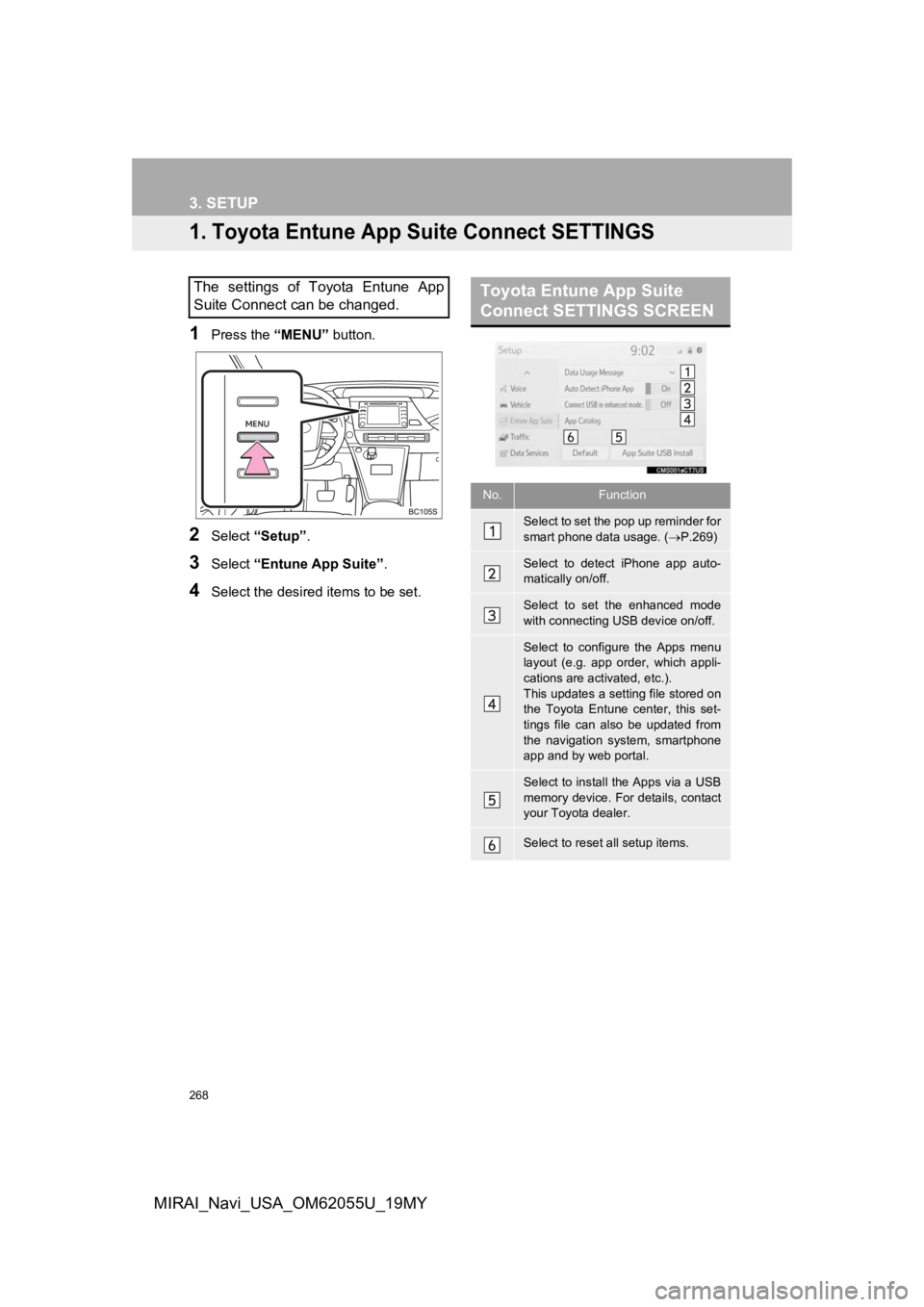 TOYOTA MIRAI 2019 Accessories, Audio & Navigation (in English) 268
MIRAI_Navi_USA_OM62055U_19MY
3. SETUP
1. Toyota Entune App Suite Connect SETTINGS
1Press the “MENU” button.
2Select “Setup” .
3Select “Entune App Suite” .
4Select the desired items to TOYOTA MIRAI 2019 Accessories, Audio & Navigation (in English) 268
MIRAI_Navi_USA_OM62055U_19MY
3. SETUP
1. Toyota Entune App Suite Connect SETTINGS
1Press the “MENU” button.
2Select “Setup” .
3Select “Entune App Suite” .
4Select the desired items to