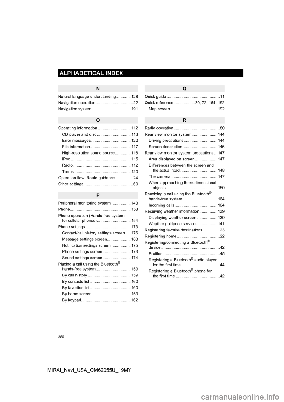 TOYOTA MIRAI 2019 Accessories, Audio & Navigation (in English) 286
ALPHABETICAL INDEX
MIRAI_Navi_USA_OM62055U_19MY
N
Natural language understanding ............. 128
Navigation operation ................................. 22
Navigation system...................... TOYOTA MIRAI 2019 Accessories, Audio & Navigation (in English) 286
ALPHABETICAL INDEX
MIRAI_Navi_USA_OM62055U_19MY
N
Natural language understanding ............. 128
Navigation operation ................................. 22
Navigation system......................