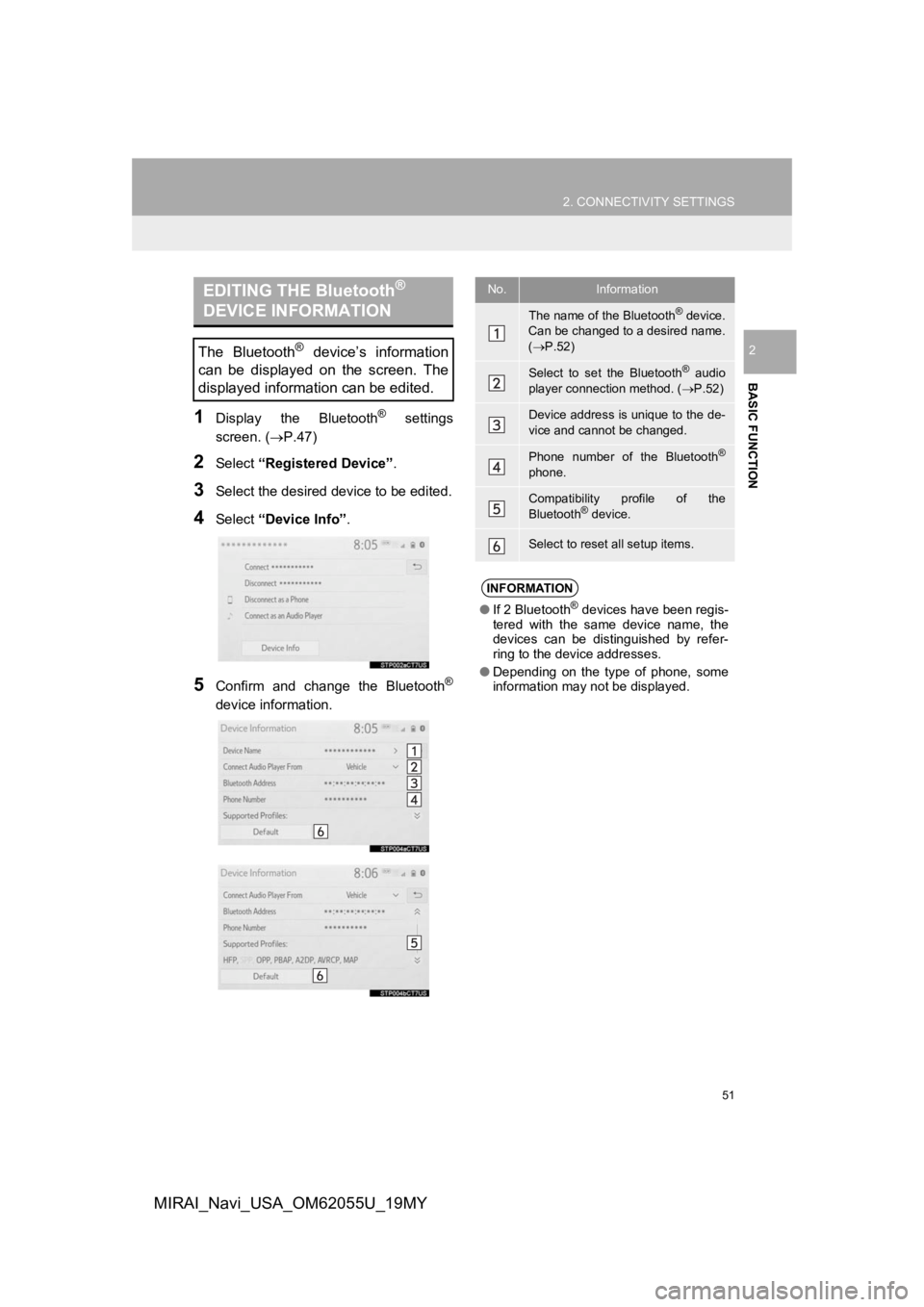 TOYOTA MIRAI 2019 Accessories, Audio & Navigation (in English) 51
2. CONNECTIVITY SETTINGS
BASIC FUNCTION
2
MIRAI_Navi_USA_OM62055U_19MY
1Display the Bluetooth® settings
screen. ( P.47)
2Select “Registered Device” .
3Select the desired device to be edi TOYOTA MIRAI 2019 Accessories, Audio & Navigation (in English) 51
2. CONNECTIVITY SETTINGS
BASIC FUNCTION
2
MIRAI_Navi_USA_OM62055U_19MY
1Display the Bluetooth® settings
screen. ( P.47)
2Select “Registered Device” .
3Select the desired device to be edi