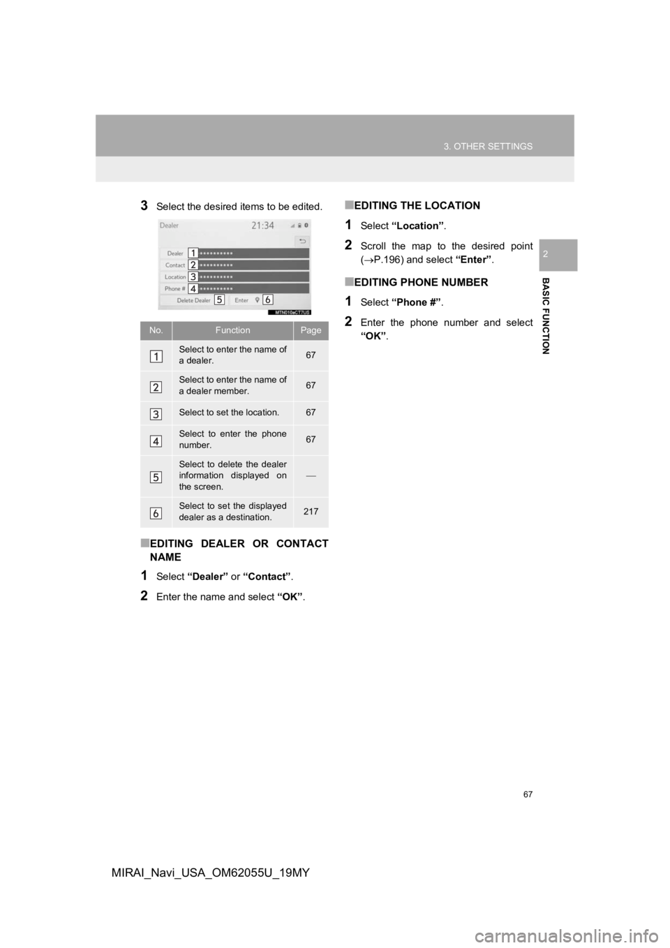 TOYOTA MIRAI 2019 Accessories, Audio & Navigation (in English) 67
3. OTHER SETTINGS
BASIC FUNCTION
2
MIRAI_Navi_USA_OM62055U_19MY
3Select the desired items to be edited.
■EDITING DEALER OR CONTACT
NAME
1Select “Dealer” or “Contact” .
2Enter the name TOYOTA MIRAI 2019 Accessories, Audio & Navigation (in English) 67
3. OTHER SETTINGS
BASIC FUNCTION
2
MIRAI_Navi_USA_OM62055U_19MY
3Select the desired items to be edited.
■EDITING DEALER OR CONTACT
NAME
1Select “Dealer” or “Contact” .
2Enter the name