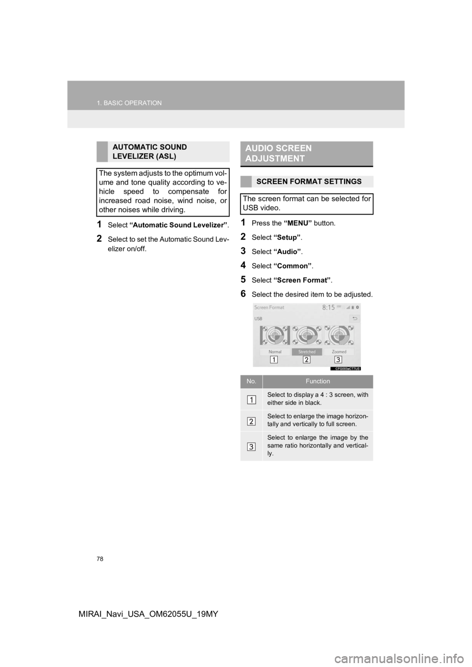 TOYOTA MIRAI 2019 Accessories, Audio & Navigation (in English) 78
1. BASIC OPERATION
MIRAI_Navi_USA_OM62055U_19MY
1Select “Automatic Sound Levelizer” .
2Select to set the Automatic Sound Lev-
elizer on/off.
1Press the “MENU” button.
2Select “Setup”.
3 TOYOTA MIRAI 2019 Accessories, Audio & Navigation (in English) 78
1. BASIC OPERATION
MIRAI_Navi_USA_OM62055U_19MY
1Select “Automatic Sound Levelizer” .
2Select to set the Automatic Sound Lev-
elizer on/off.
1Press the “MENU” button.
2Select “Setup”.
3