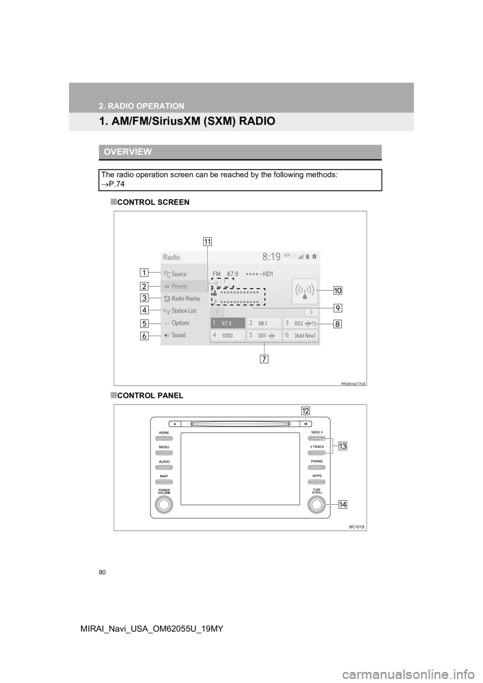 TOYOTA MIRAI 2019 Accessories, Audio & Navigation (in English) 80
MIRAI_Navi_USA_OM62055U_19MY
2. RADIO OPERATION
1. AM/FM/SiriusXM (SXM) RADIO
■CONTROL SCREEN
■CONTROL PANEL
OVERVIEW
The radio operation screen can be reached by the following meth ods:
P. TOYOTA MIRAI 2019 Accessories, Audio & Navigation (in English) 80
MIRAI_Navi_USA_OM62055U_19MY
2. RADIO OPERATION
1. AM/FM/SiriusXM (SXM) RADIO
■CONTROL SCREEN
■CONTROL PANEL
OVERVIEW
The radio operation screen can be reached by the following meth ods:
P.