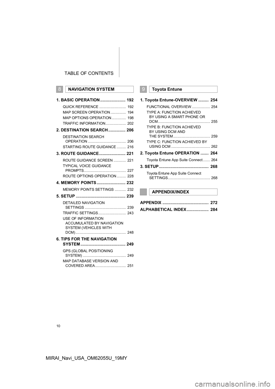 TOYOTA MIRAI 2019  Accessories, Audio & Navigation (in English) TABLE OF CONTENTS
10
MIRAI_Navi_USA_OM62055U_19MY
1. BASIC OPERATION ...................... 192
QUICK REFERENCE ..........................  192
MAP SCREEN OPERATION ...............  194
MAP OPTIONS OP