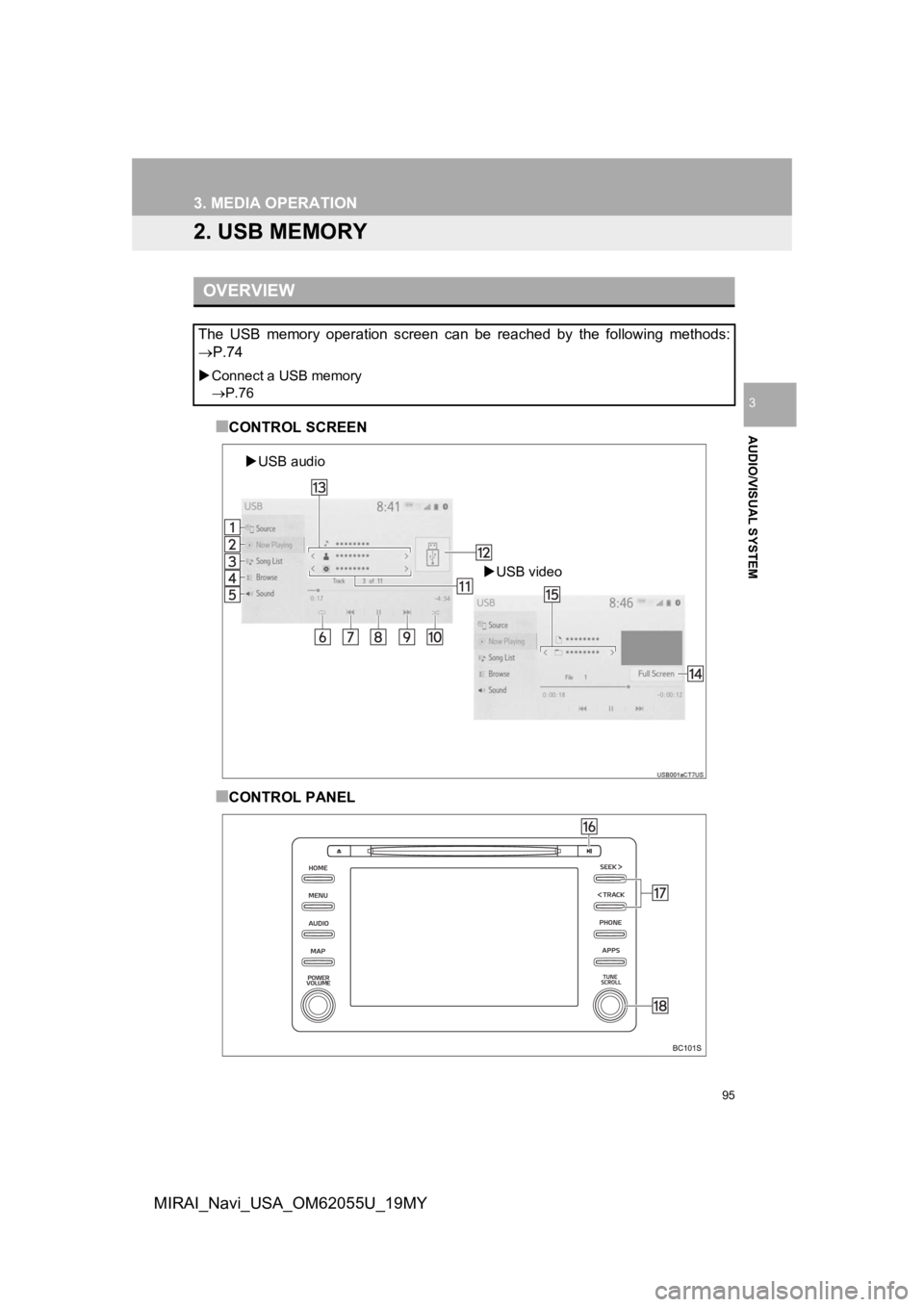 TOYOTA MIRAI 2019 Accessories, Audio & Navigation (in English) 95
3. MEDIA OPERATION
AUDIO/VISUAL SYSTEM
3
MIRAI_Navi_USA_OM62055U_19MY
2. USB MEMORY
■CONTROL SCREEN
■CONTROL PANEL
OVERVIEW
The USB memory operation screen can be reached by the follo TOYOTA MIRAI 2019 Accessories, Audio & Navigation (in English) 95
3. MEDIA OPERATION
AUDIO/VISUAL SYSTEM
3
MIRAI_Navi_USA_OM62055U_19MY
2. USB MEMORY
■CONTROL SCREEN
■CONTROL PANEL
OVERVIEW
The USB memory operation screen can be reached by the follo