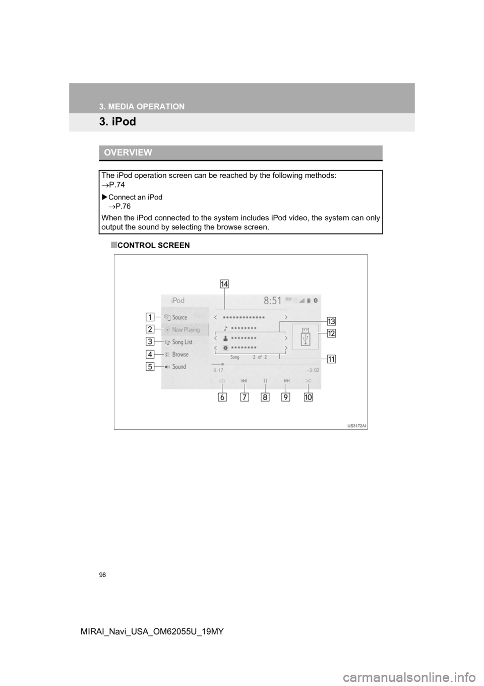 TOYOTA MIRAI 2019 Accessories, Audio & Navigation (in English) 98
3. MEDIA OPERATION
MIRAI_Navi_USA_OM62055U_19MY
3. iPod
■CONTROL SCREEN
OVERVIEW
The iPod operation screen can be reached by the following methods:
P.74
Connect an iPod
P.76
When the i TOYOTA MIRAI 2019 Accessories, Audio & Navigation (in English) 98
3. MEDIA OPERATION
MIRAI_Navi_USA_OM62055U_19MY
3. iPod
■CONTROL SCREEN
OVERVIEW
The iPod operation screen can be reached by the following methods:
P.74
Connect an iPod
P.76
When the i